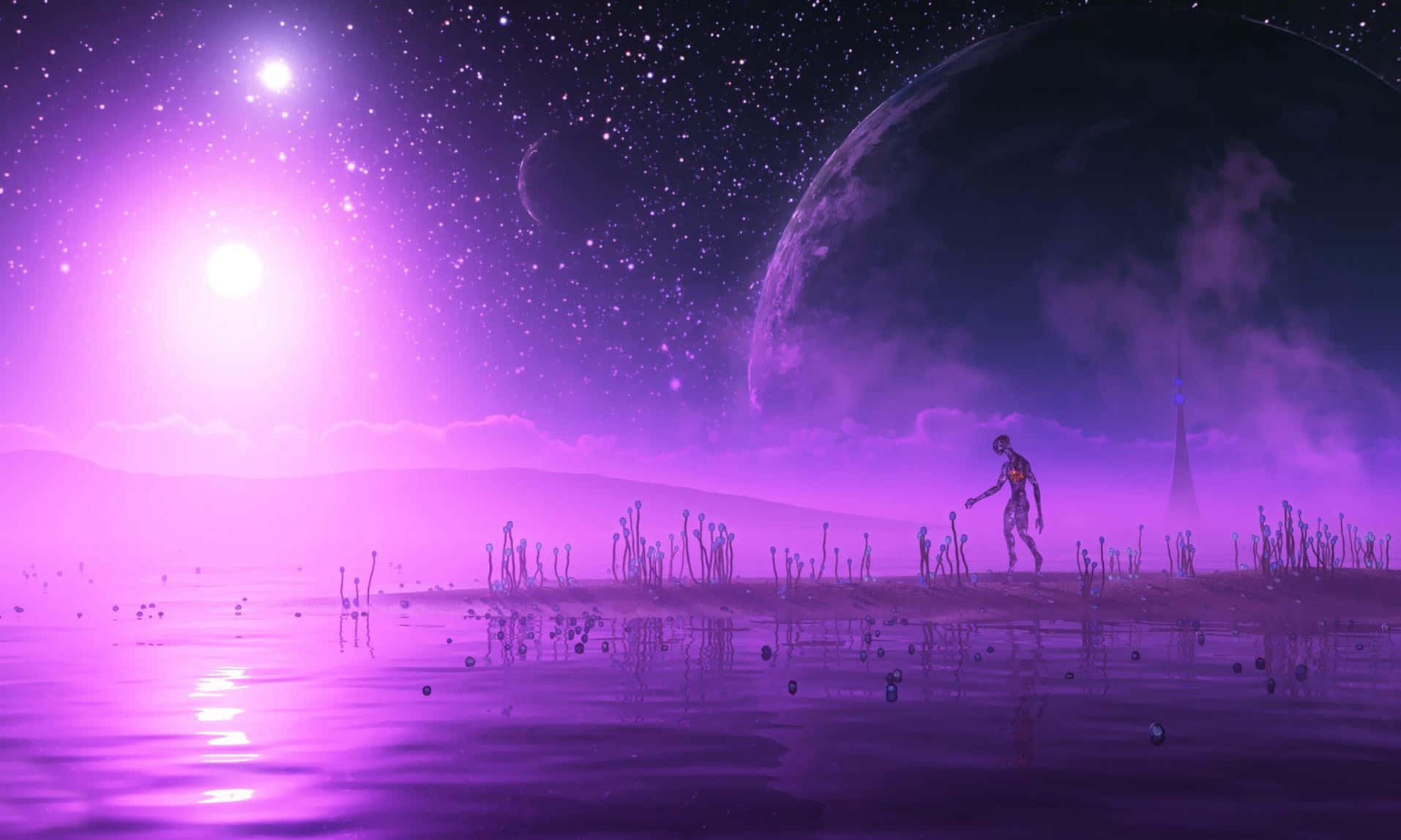 背景 桌布 壁紙 — 一個孤獨的身影在紫色外星海岸線上行走，天空佈滿星星，有一個巨大的月亮和發光的太陽。