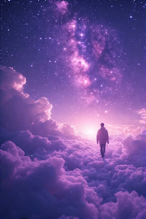 Starlit Journey Walking the Cloud Path 壁紙 — 一個孤獨的身影在紫色雲海之上，朝著星際銀河天空下的光芒走去。
