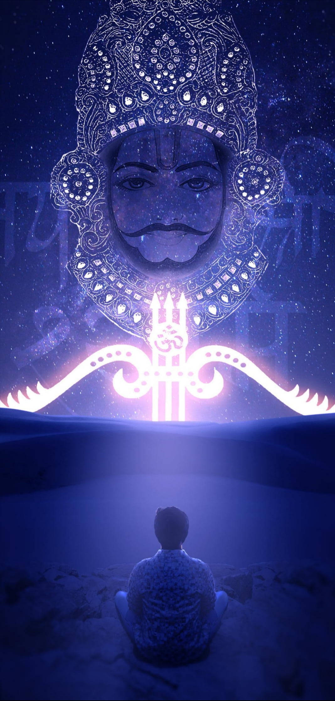 Shyam Baba 桌布 壁紙 — 一個孤獨的身影在繁星點點的夜空下，在一個頭飾精緻、發光的宇宙神祇前冥想。