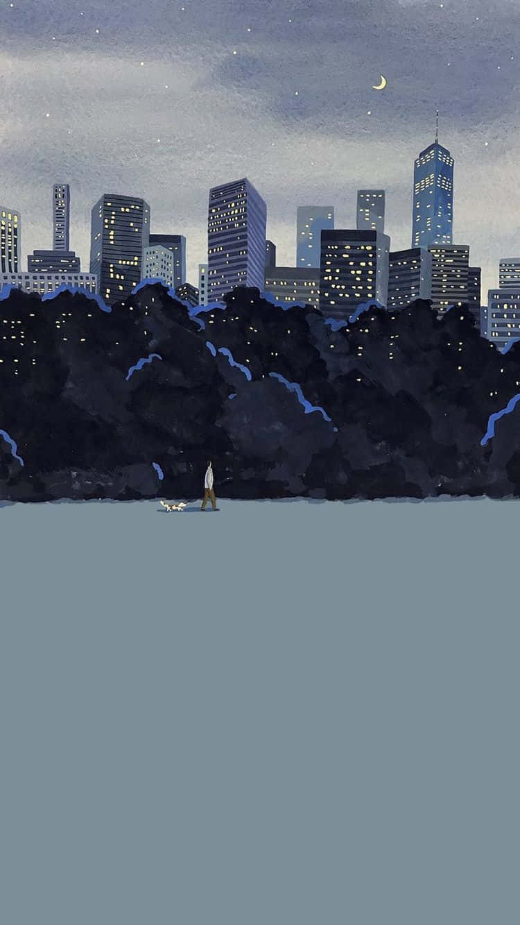 城市風景 桌布 壁紙 — 一個孤獨的身影在繁星點點的夜空下遛狗，夜空上方有一彎新月，下方是閃爍的城市天際線。