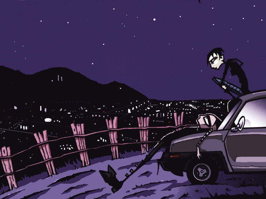 Invader Zim 桌布 壁紙 — 一個孤獨的身影在繁星點點的紫色夜空下從山坡上的汽車探出身子，俯瞰遠方的城市景觀。