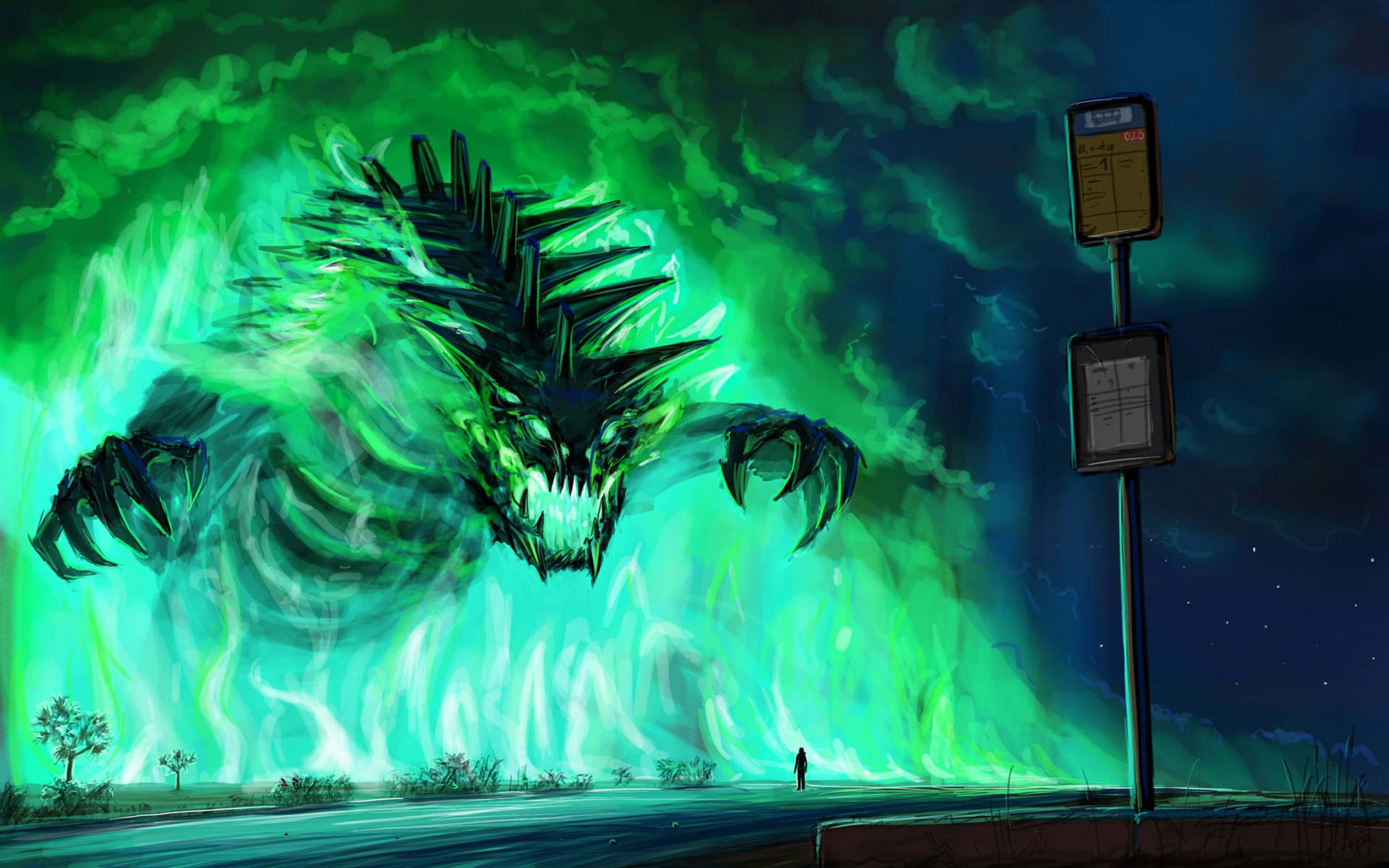 monsters 桌布 壁紙 — 一個孤獨的身影在荒涼的路邊，敬畏地站在一個從暴風雨夜空中出現的巨大綠色怪物面前。