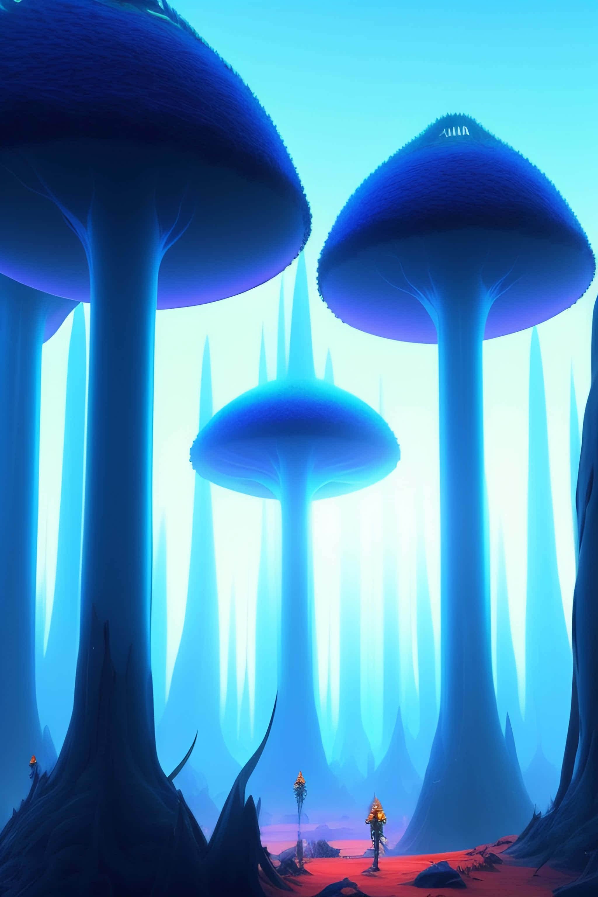 泰拉瑞亞 桌布 壁紙 — 一個孤獨的身影在超現實的外星森林中，敬畏地站在巨大的藍色發光蘑菇下，森林沐浴在空靈的光芒中。