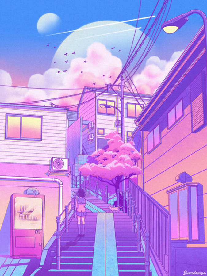 Digital 桌布 壁紙 — 一個孤獨的身影在超現實的粉紅色天空下，踏上充滿活力的紫色樓梯，天空中有漂浮的雲朵和鳥兒。