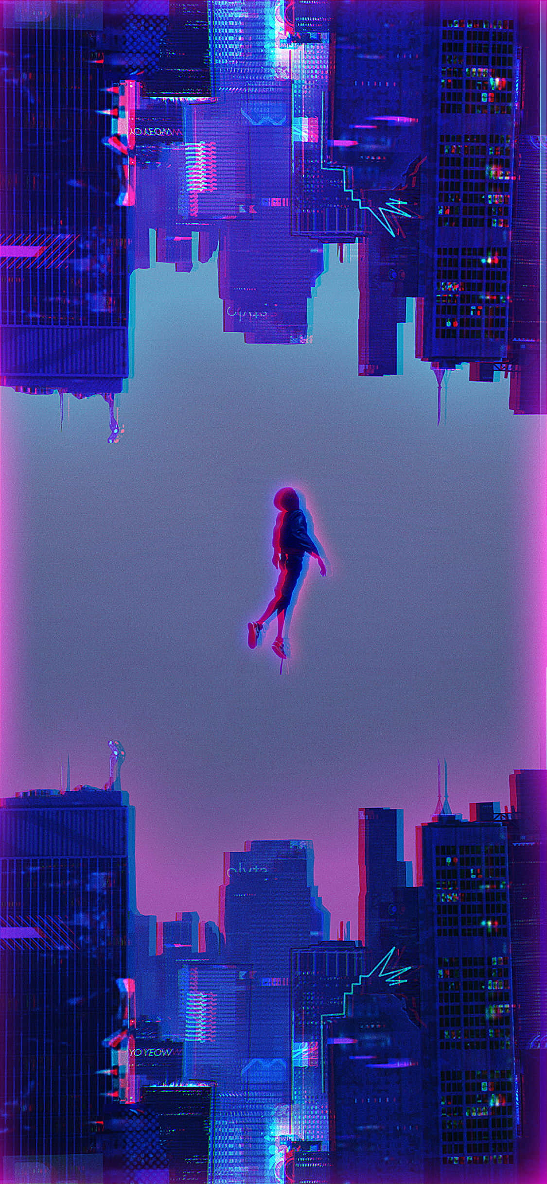 Trippy Art 桌布 壁紙 — 一個孤獨的身影在鏡像般的霓虹城市景觀之間漂浮，下方是閃爍著電光紫和粉紅色調的暮色天空。