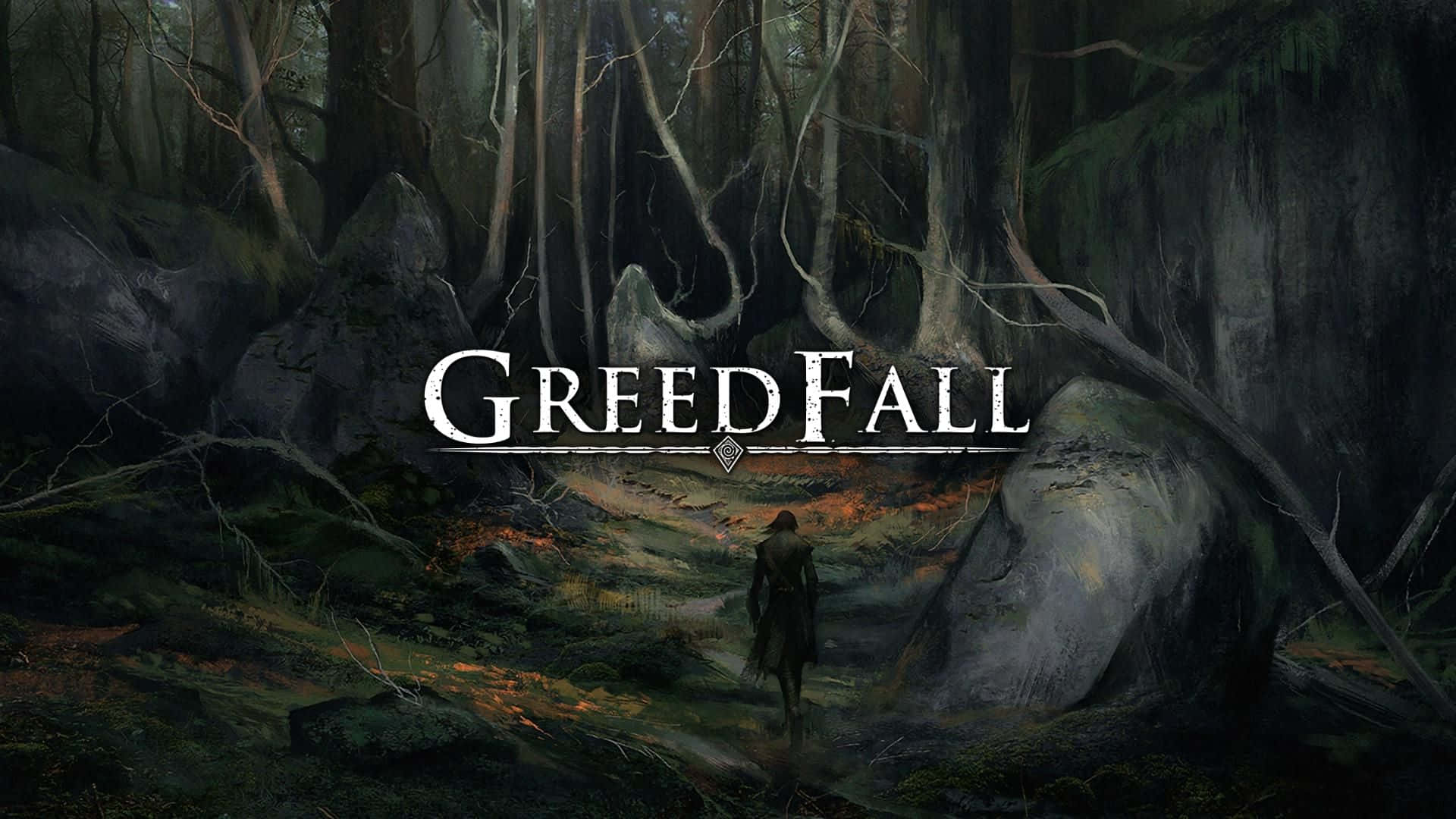 1920x1080 Greedfall 桌布 壁紙 — 一個孤獨的身影在陰暗的天空下，穿過黑暗迷霧的森林，樹木扭曲，地面有發光的橙色斑塊。