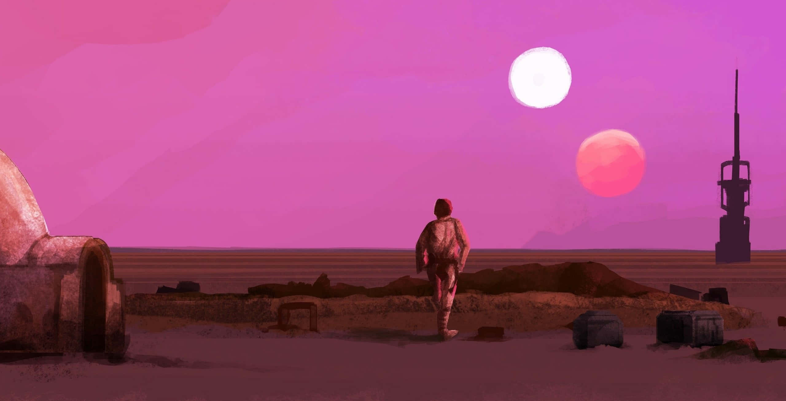 Calm Aesthetic 桌布 壁紙 — 一個孤獨的身影在雙太陽下穿越荒涼的外星沙漠，遠處有一座未來主義的塔。