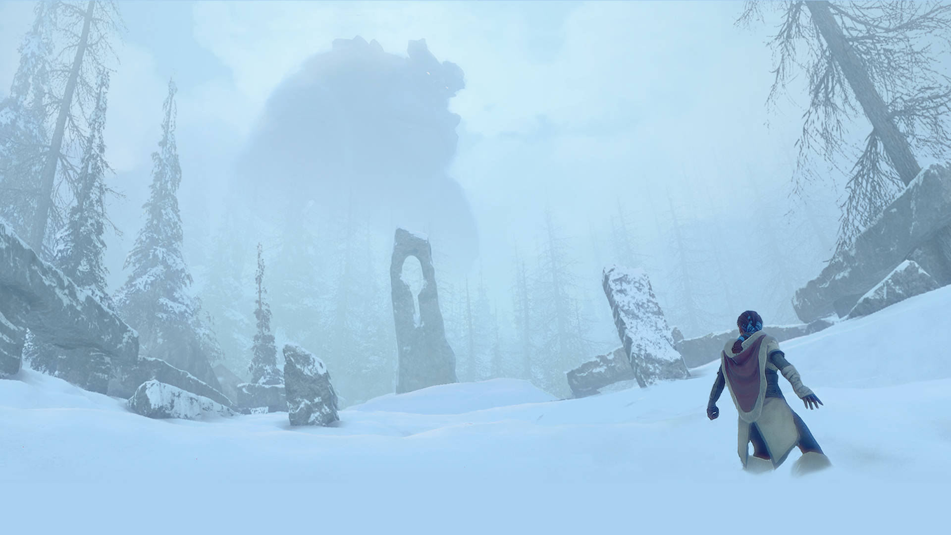 Prey 桌布 壁紙 — 一個孤獨的身影在雪地森林中走向一個霧氣瀰漫的拱門，天空蒼白。