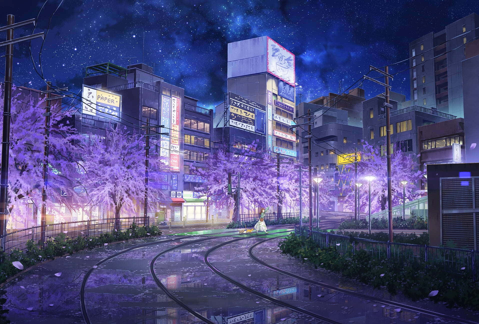 Anime Cherry Blossom 桌布 壁紙 — 一個孤獨的身影在霓虹燈閃爍的城市景觀中，在星空下濕漉漉的電車軌道上，走在發光的櫻花下。