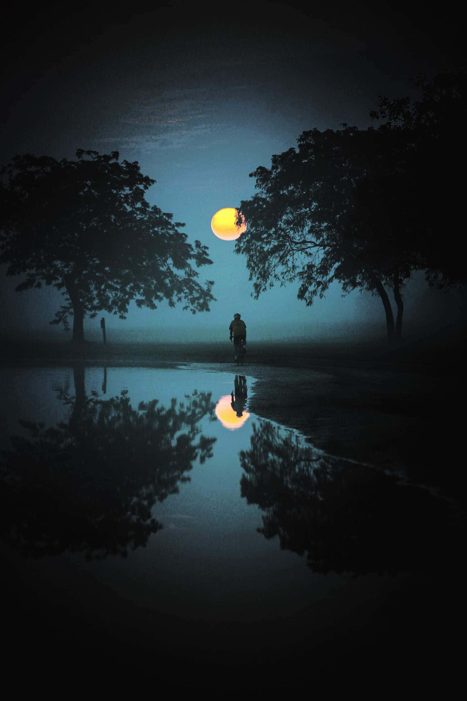HD Oled 桌布 壁紙 — 一個孤獨的身影在霧氣瀰漫的夜晚行走，腳下一輪明亮的滿月倒映在黑暗的水坑中，兩旁是剪影般的樹木。