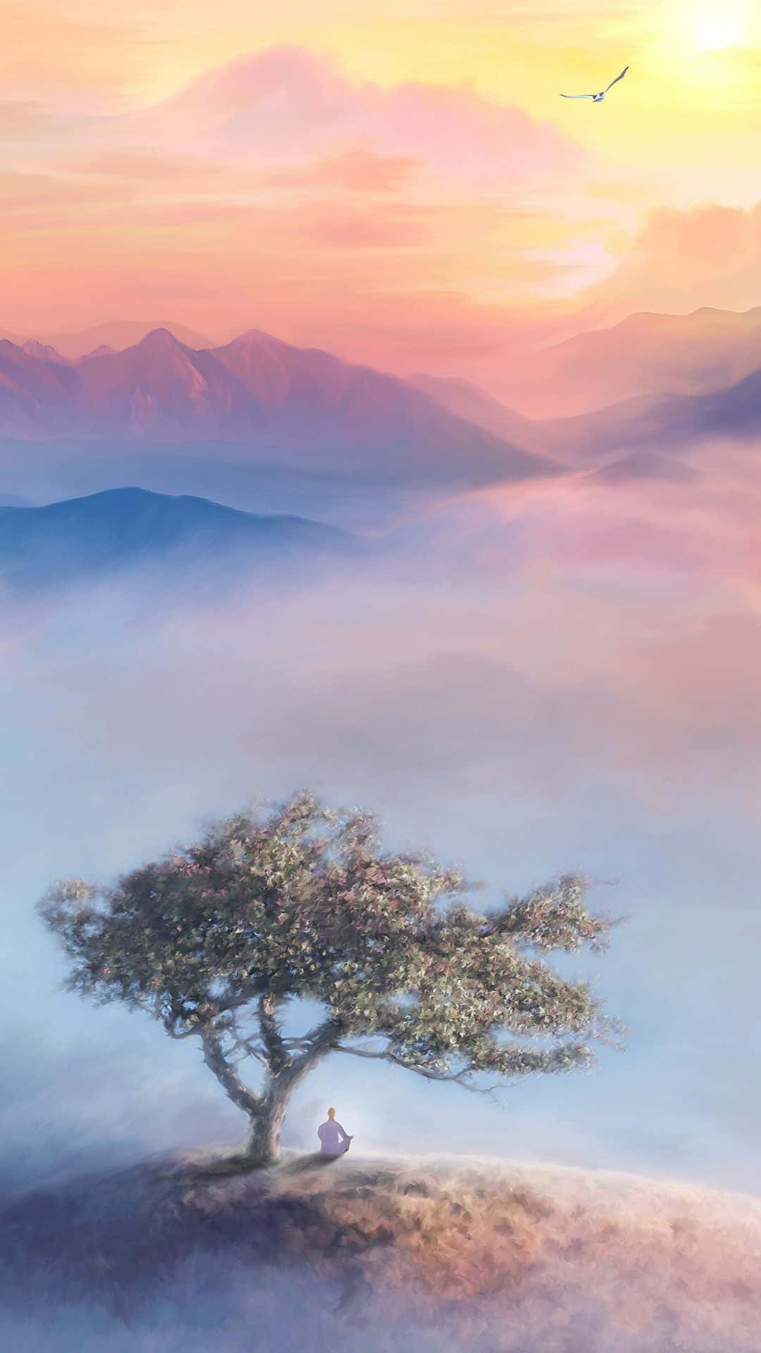 Meditation iPhone 桌布 壁紙 — 一個孤獨的身影在霧氣瀰漫的山頂上，在一棵盛開的樹下冥想，一隻鳥兒在粉彩色的日落天空中翱翔。