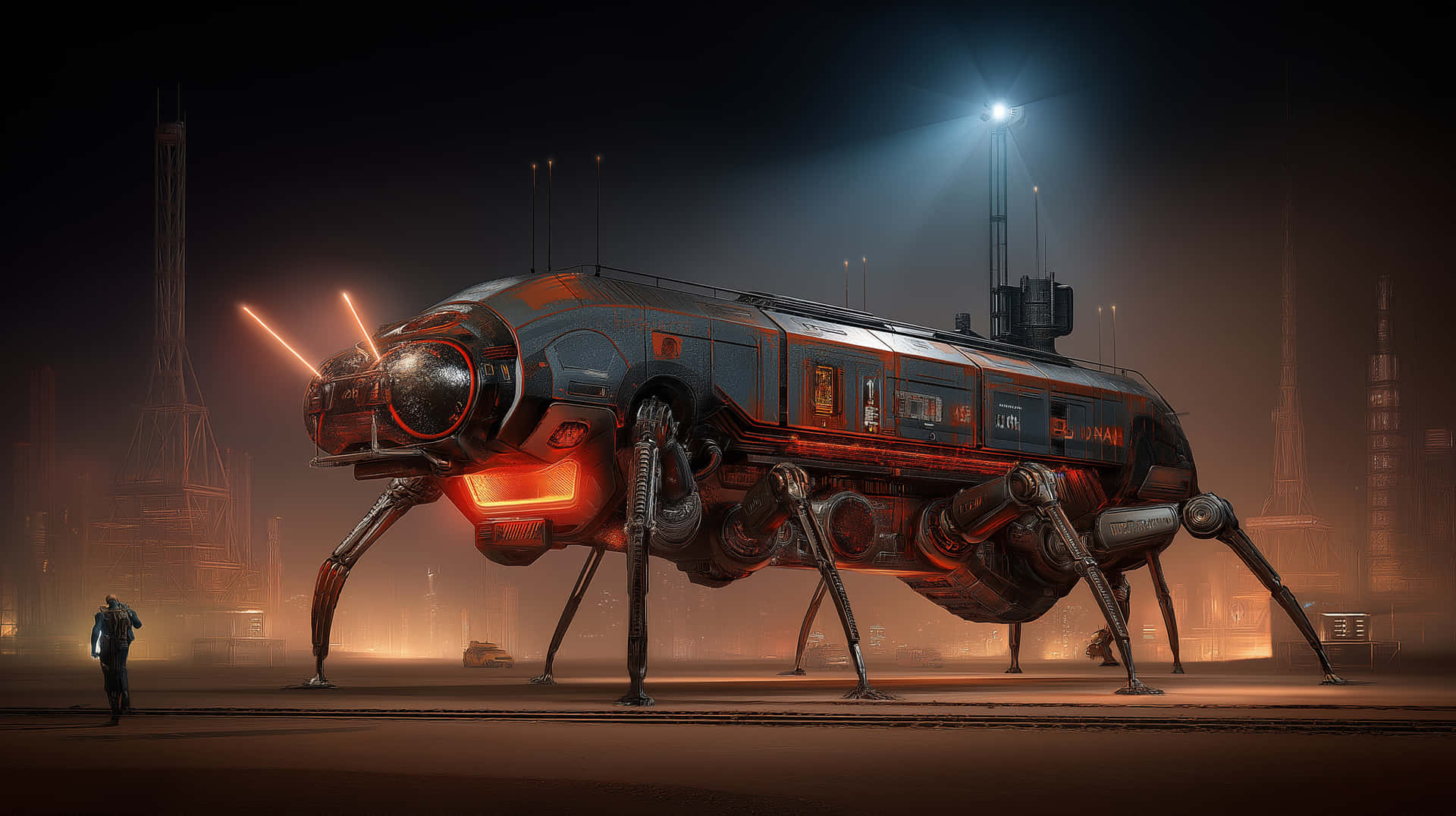 Advanced Mechanical Bug Transporter in Industrial Zone 壁紙 — 一個孤獨的身影在霧氣瀰漫的工業夜景中走向一隻巨大的發光紅色機械蜘蛛。