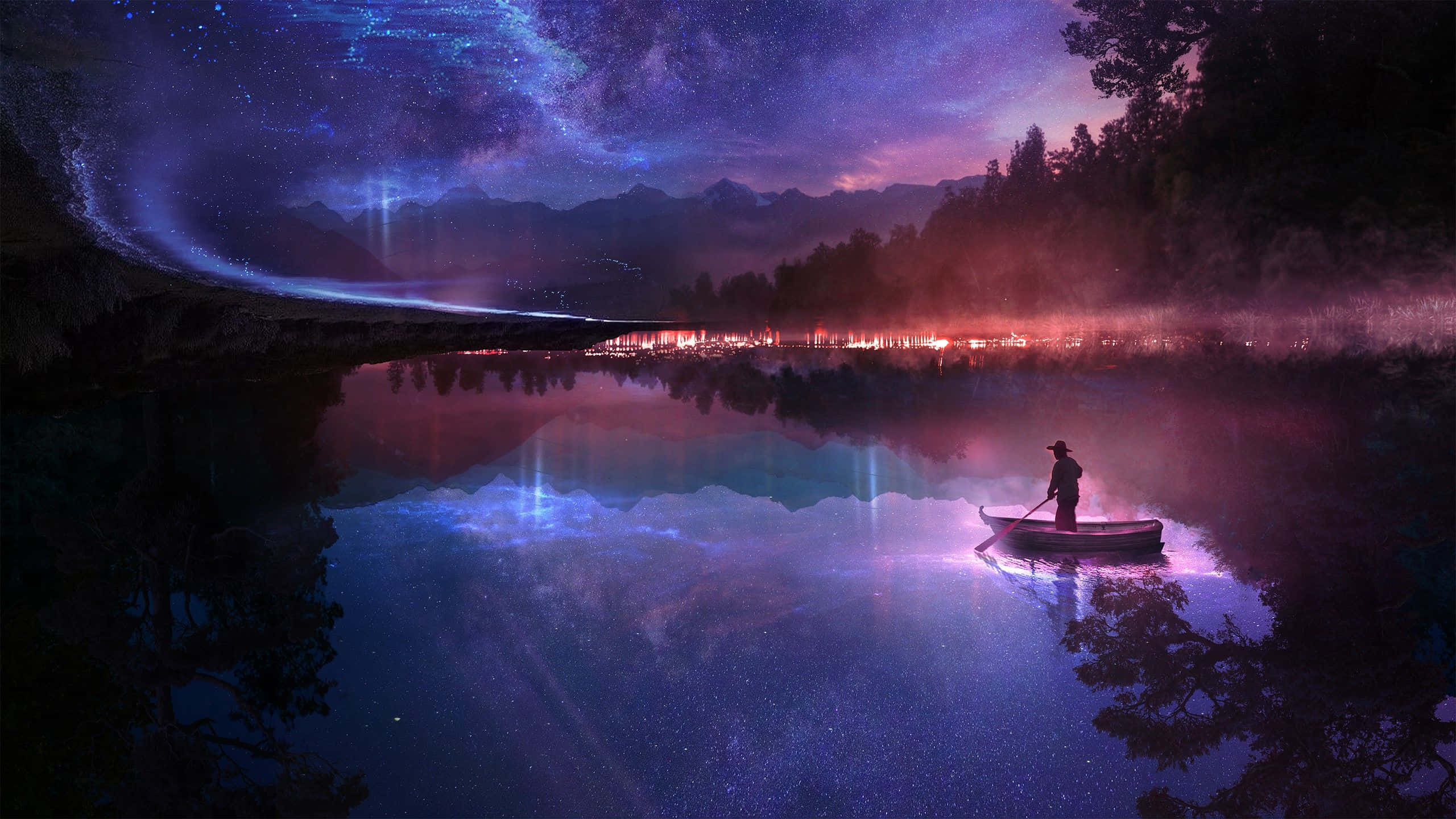 dreamy 桌布 壁紙 — 一個孤獨的身影在霧氣瀰漫的湖上划船，頭上是充滿活力的星空，發光的極光倒映在水中。