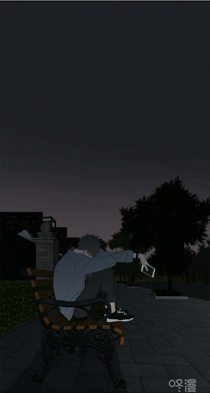 Dark Aesthetic Cartoon 桌布 壁紙 — 一個孤獨的身影在黃昏時分癱坐在公園長椅上，手持電話，樹木和建築物逐漸消失在陰影中。