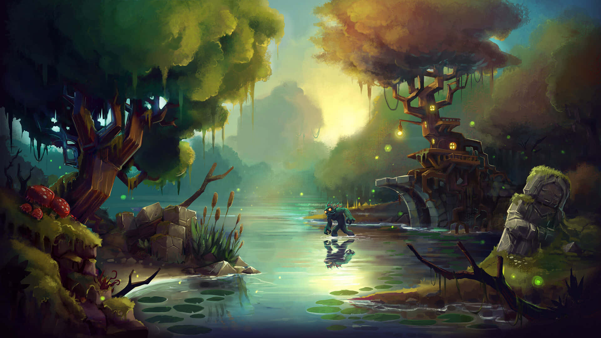 Rpg Games 桌布 壁紙 — 一個孤獨的身影在黃昏時分穿過一條神秘的森林河流，周圍有發光的燈光和古老的樹木結構。