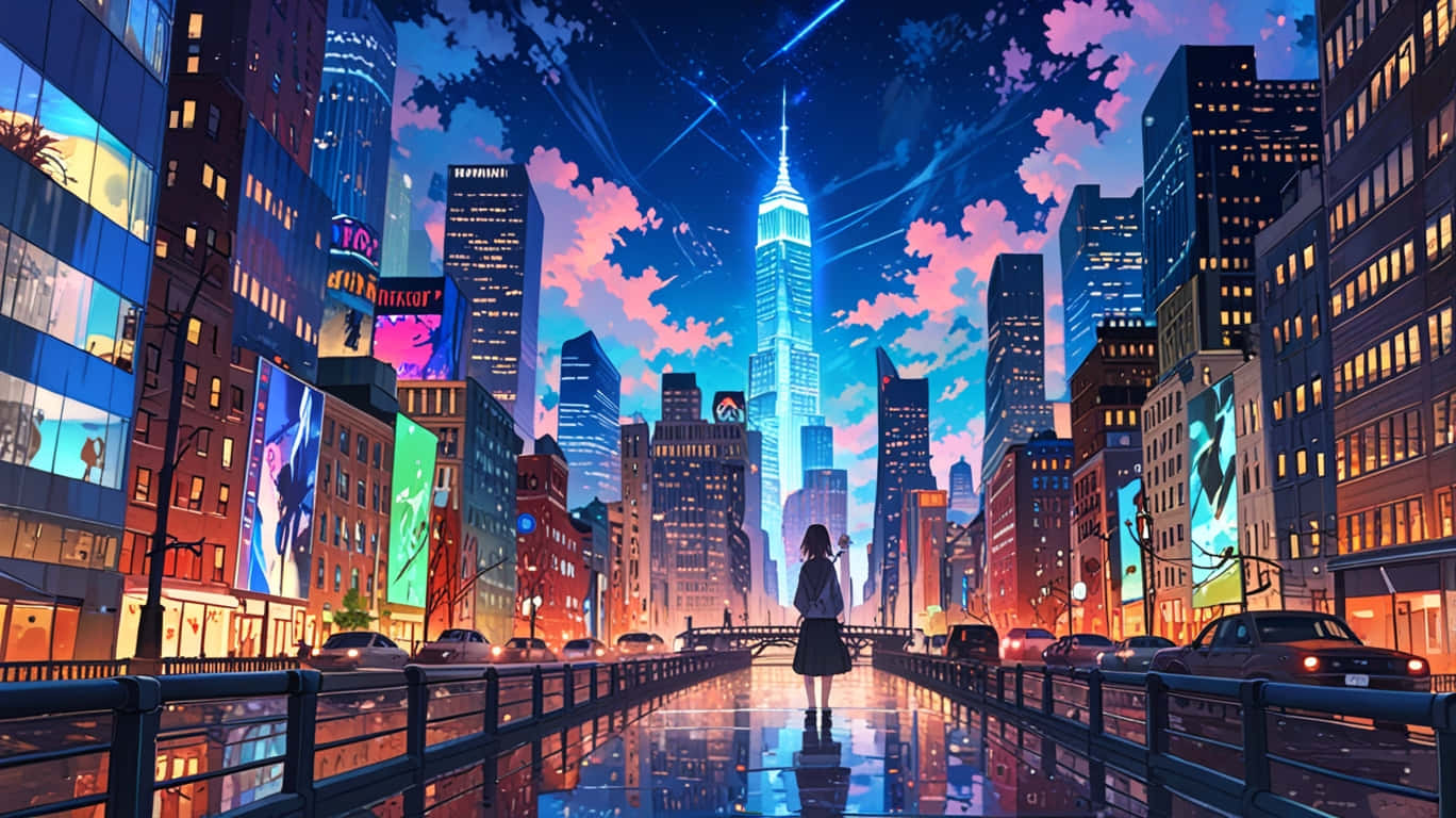 一個人站在濕漉漉的橋上，俯瞰黃昏時分充滿活力的霓虹城市，有摩天大樓和發光的招牌。 — 賽博龐克 壁紙