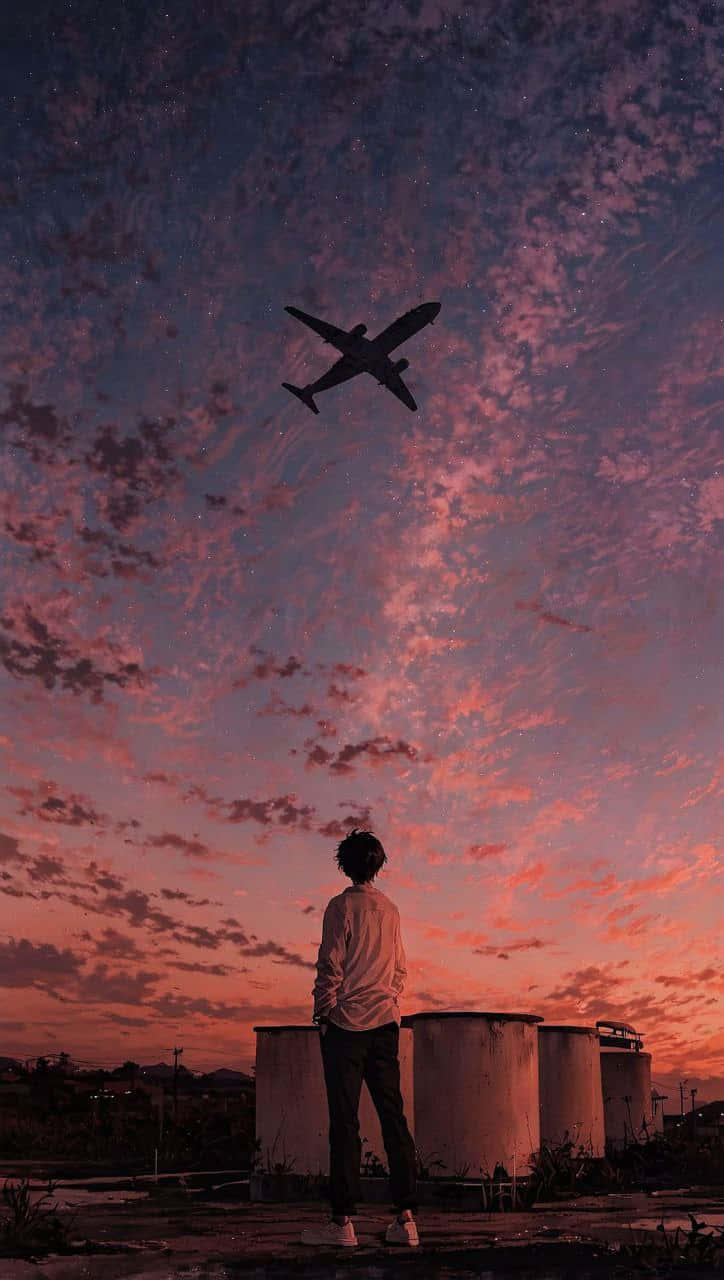 Man Watching Airplane Fly Across a Dreamy Sunset Sky 壁紙 — 一個孤獨的身影在黃昏時站在屋頂上，看著一架飛機在佈滿雲彩的鮮豔粉紅和紫色天空中飛過。