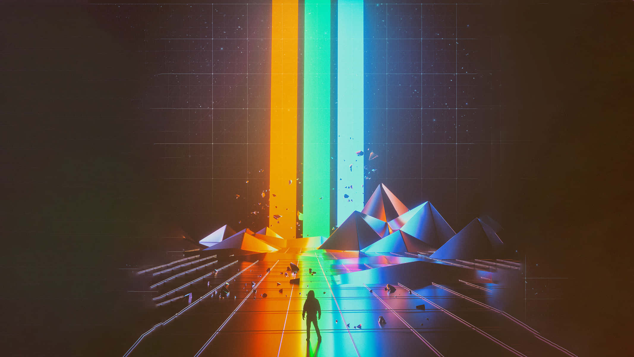 RGB 桌布 壁紙 — 一個孤獨的身影在黑暗的數位景觀中，穿過幾何金字塔，走向發光的垂直霓虹光束。