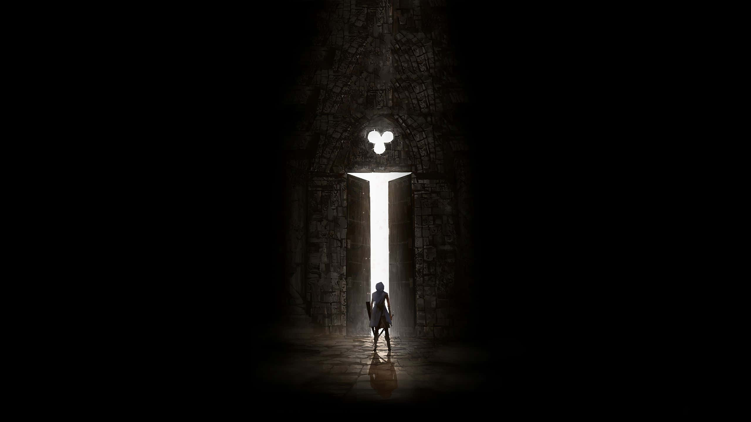 Dark Gaming 桌布 壁紙 — 一個孤獨的身影在黑暗的石頭走廊中，站在發光的門口前，呈現剪影，沐浴在空靈的光芒中。