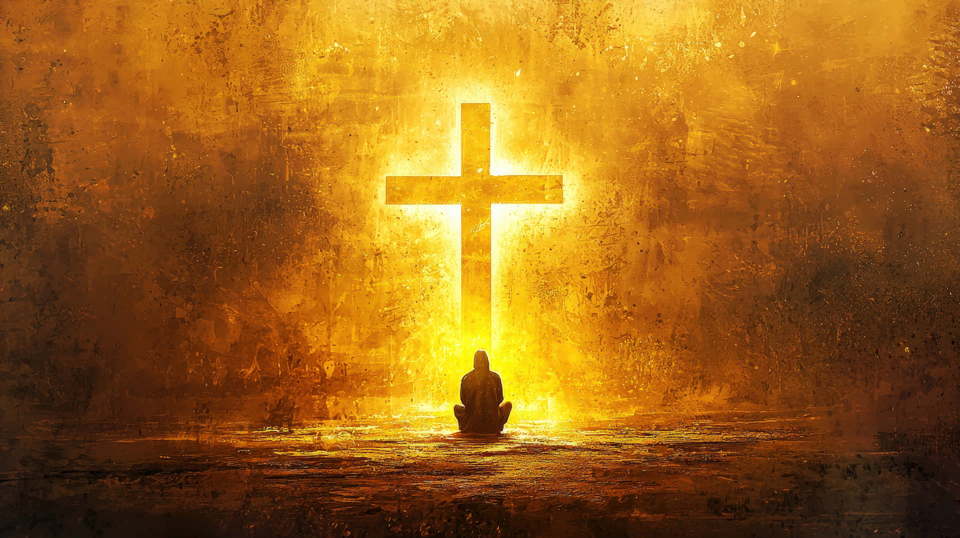 A solitary figure kneels in prayer before a radiant cross, bathed in golden light. 壁紙 — 一個孤獨的身影坐在一個發光的十字架前冥想，背景是帶有紋理的金色牆壁。