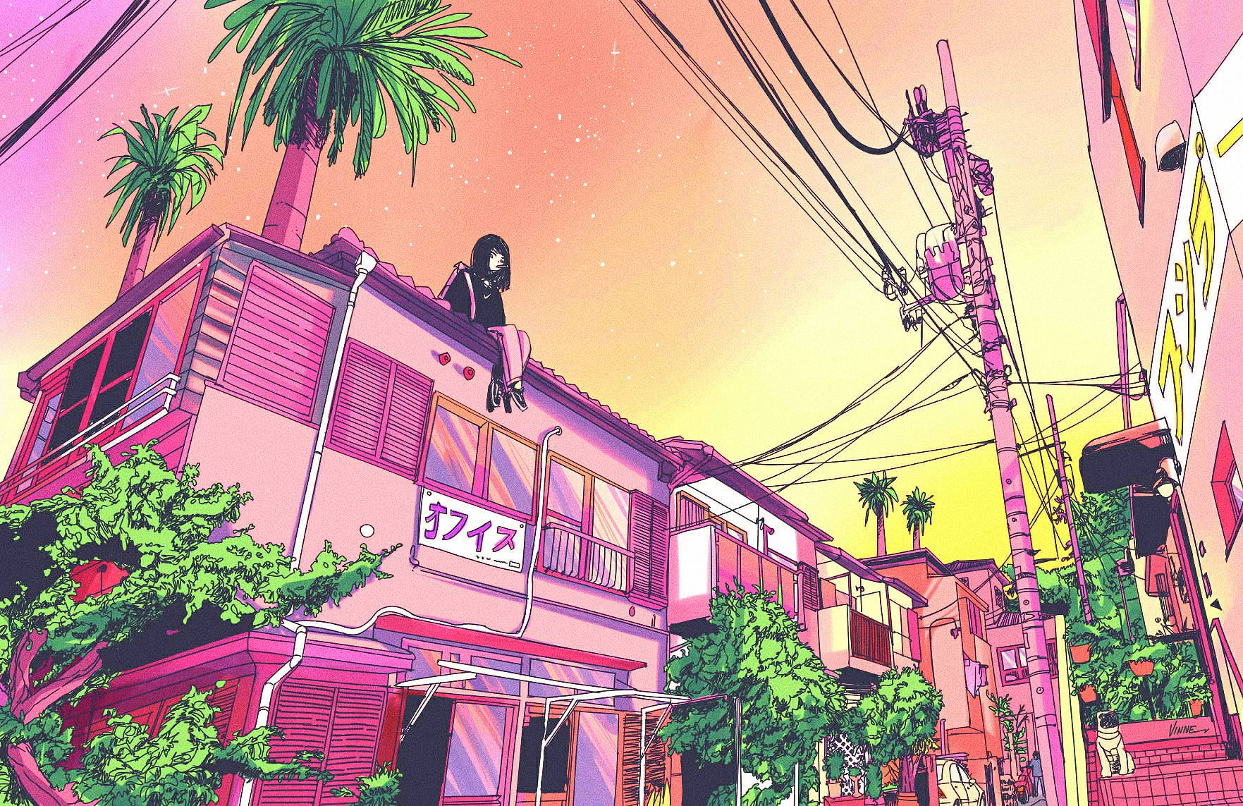 Purple Aesthetic Anime 桌布 壁紙 — 一個孤獨的身影坐在一棟粉紅色建築物的頂部，位於充滿活力的動漫風格街道上，下方是閃耀的日落天空。