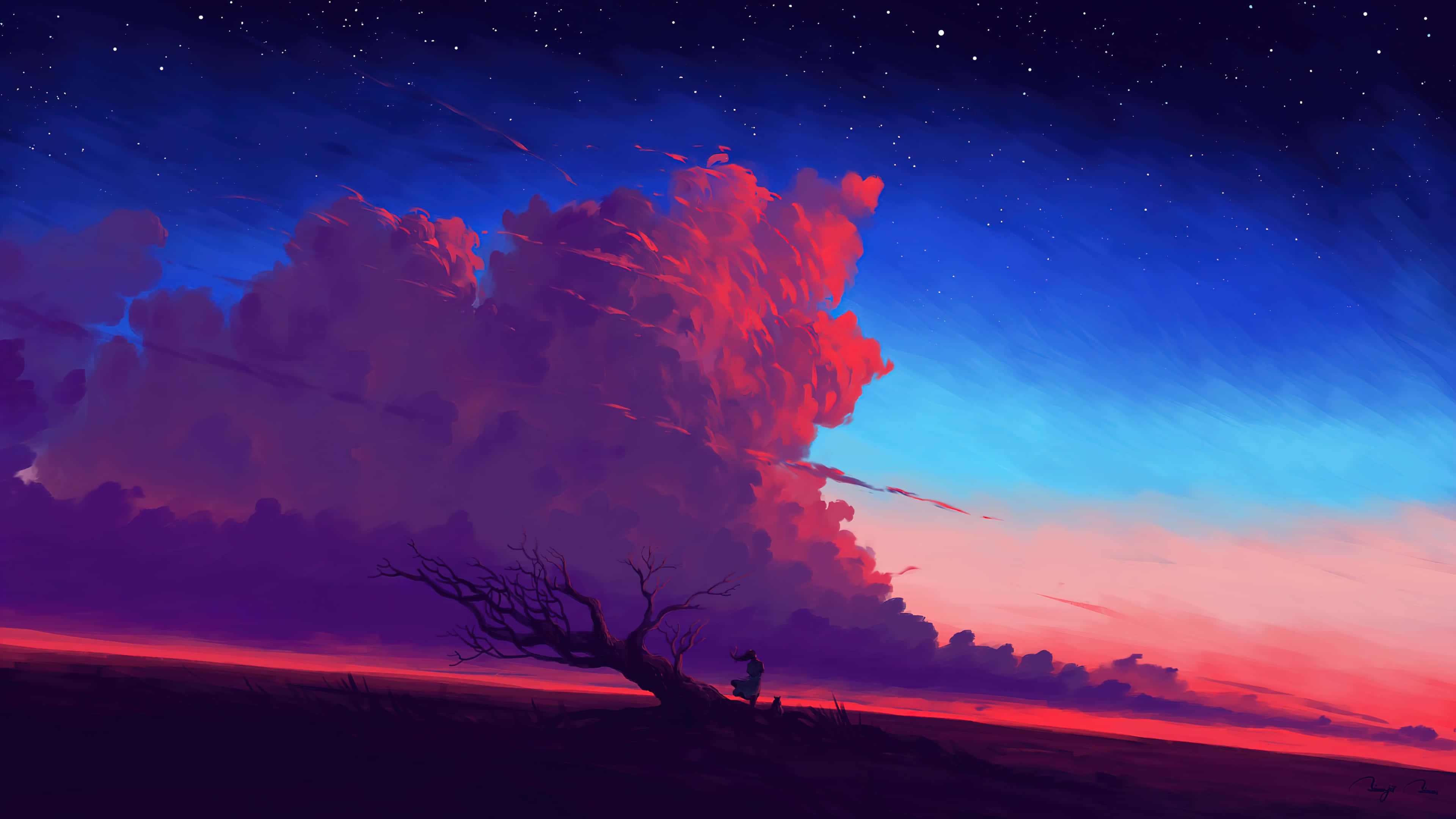 風景 桌布 壁紙 — 一個孤獨的身影坐在一棵彎曲的樹下，巨大的紅色雲朵主宰著佈滿宇宙星辰的暮色天空。