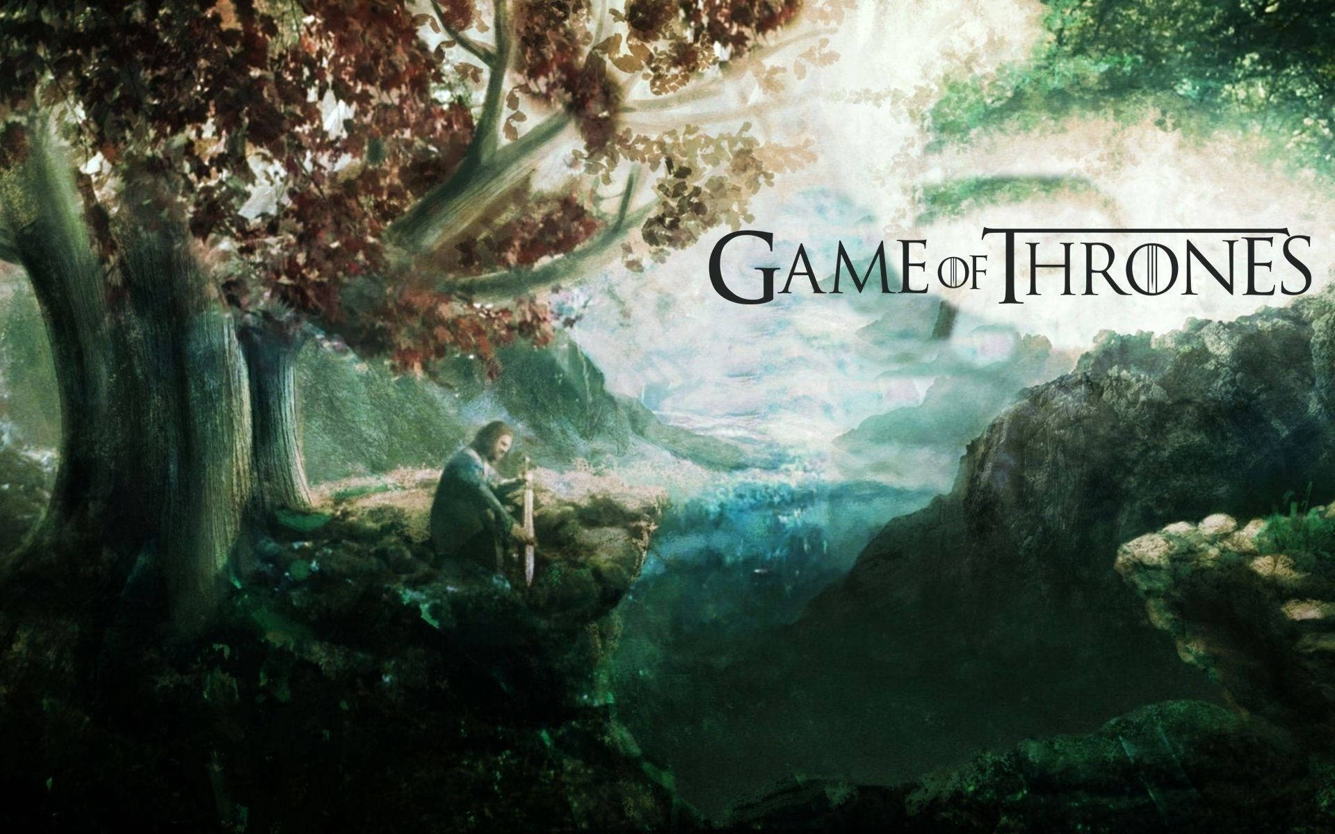 game 桌布 壁紙 — 一個孤獨的身影坐在一棵有秋葉的樹下，俯瞰著一個迷霧山谷的奇幻景觀。
