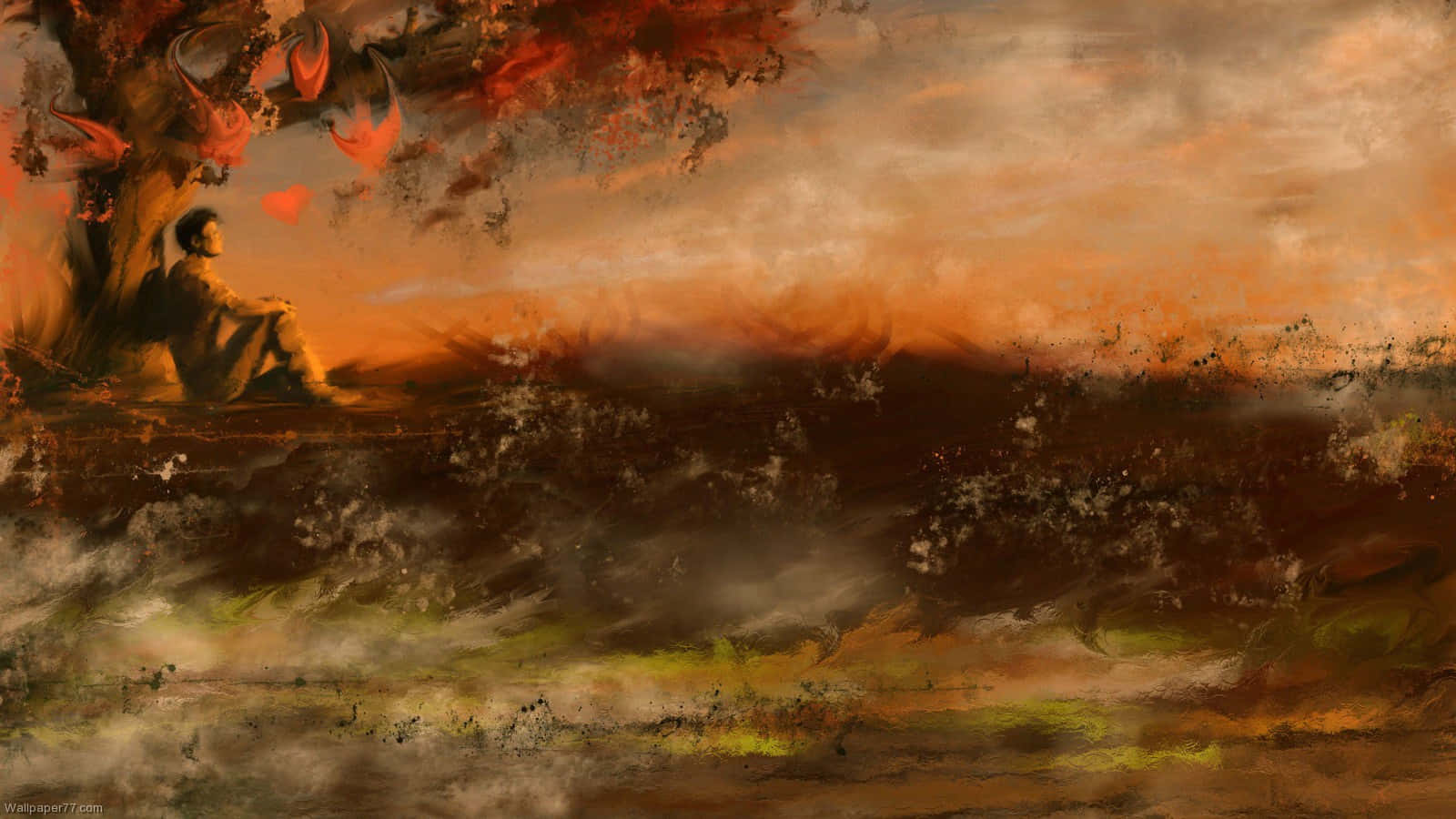 Autumn Wind 桌布 壁紙 — 一個孤獨的身影坐在一棵有著火紅葉子的樹下，秋風在霧氣瀰漫、如畫般的風景中旋轉，沐浴在溫暖的日落色調中。