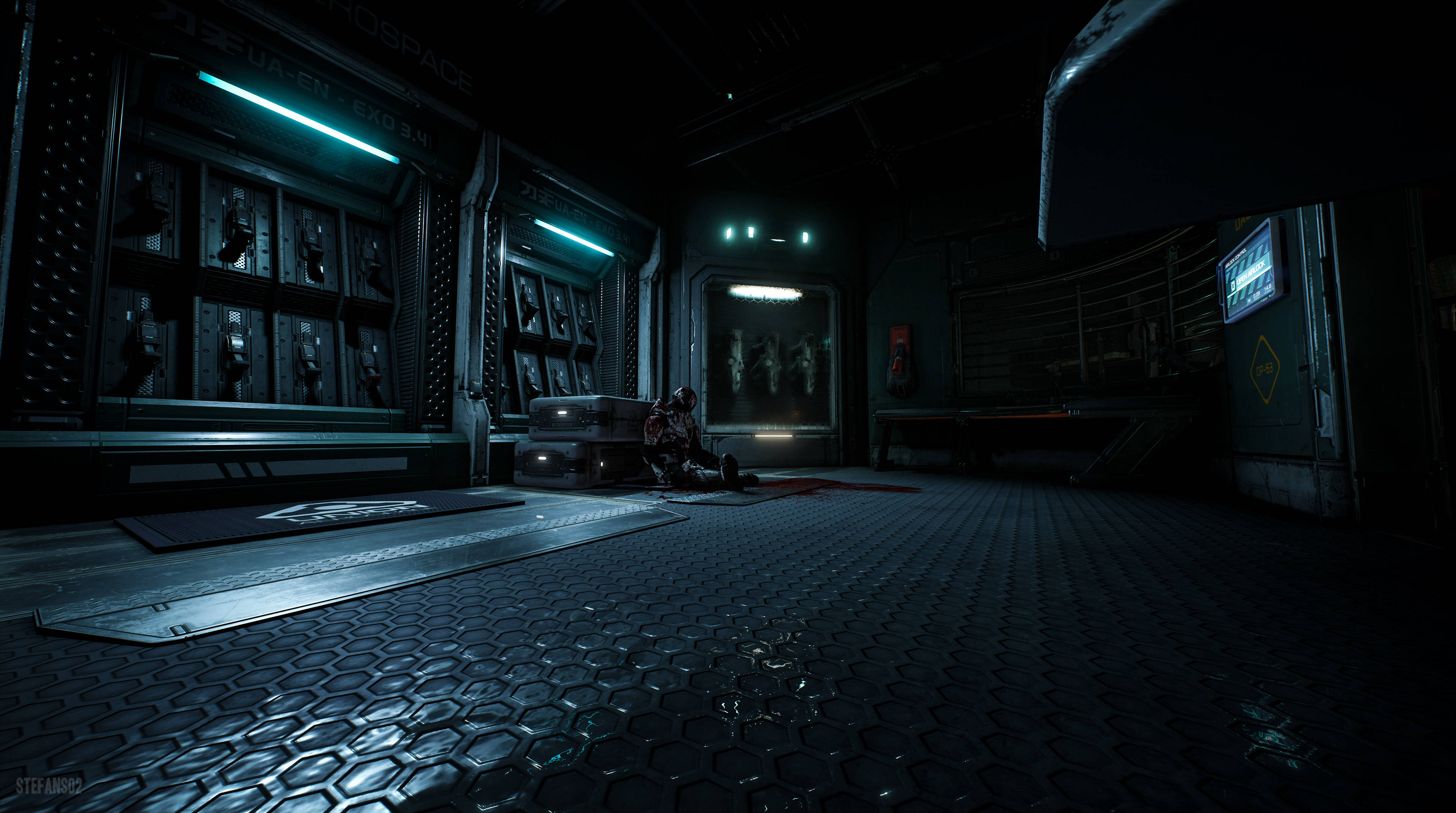 Doom 4K 桌布 壁紙 — 一個孤獨的身影坐在六角形地板上，身處一條燈光昏暗、充滿未來感的太空船走廊，被詭異的青色燈光照亮。