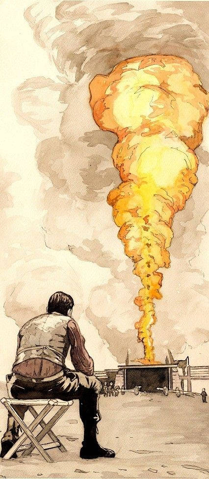 graphic art 桌布 壁紙 — 一個孤獨的身影坐在凳子上，看著遠處建築物在煙霧瀰漫的天空下發生大規模火災爆炸。