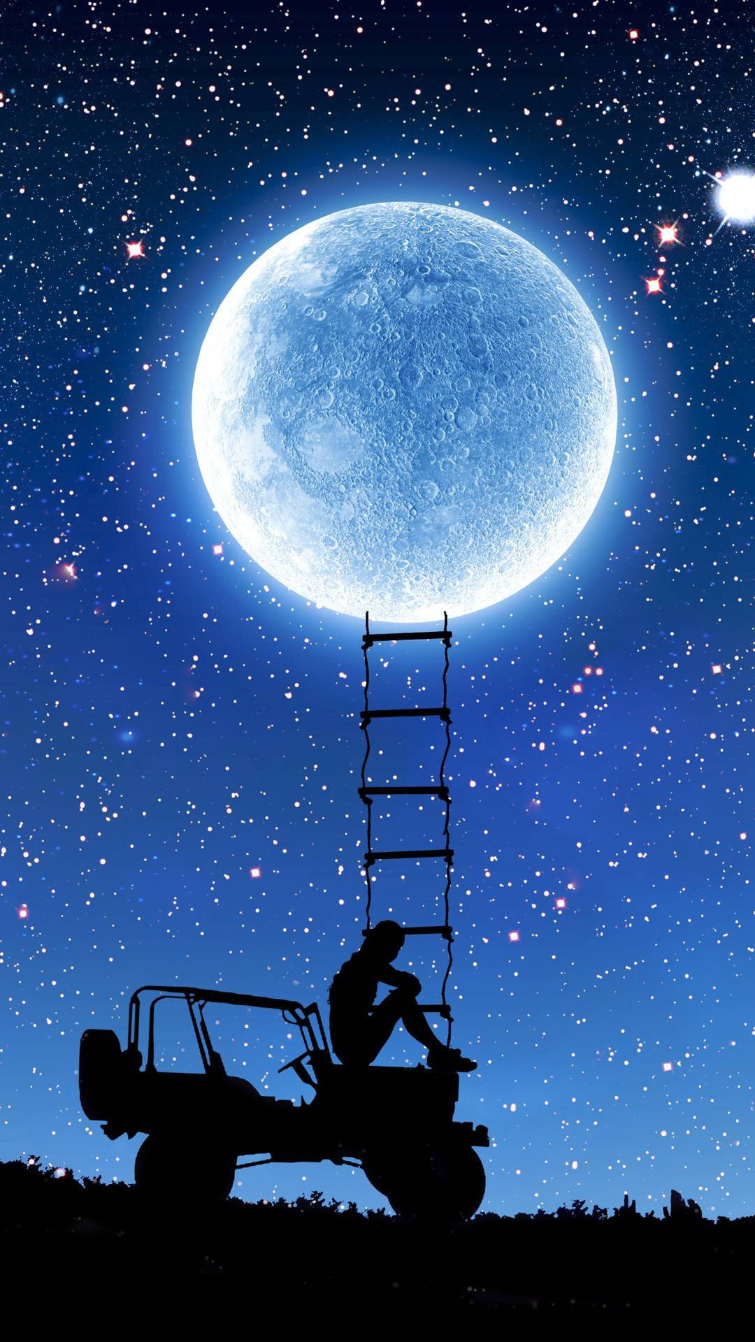 Silhouette 桌布 壁紙 — 一個孤獨的身影坐在吉普車剪影上，在繁星點點的夜空下，一把梯子伸向巨大的發光月亮。