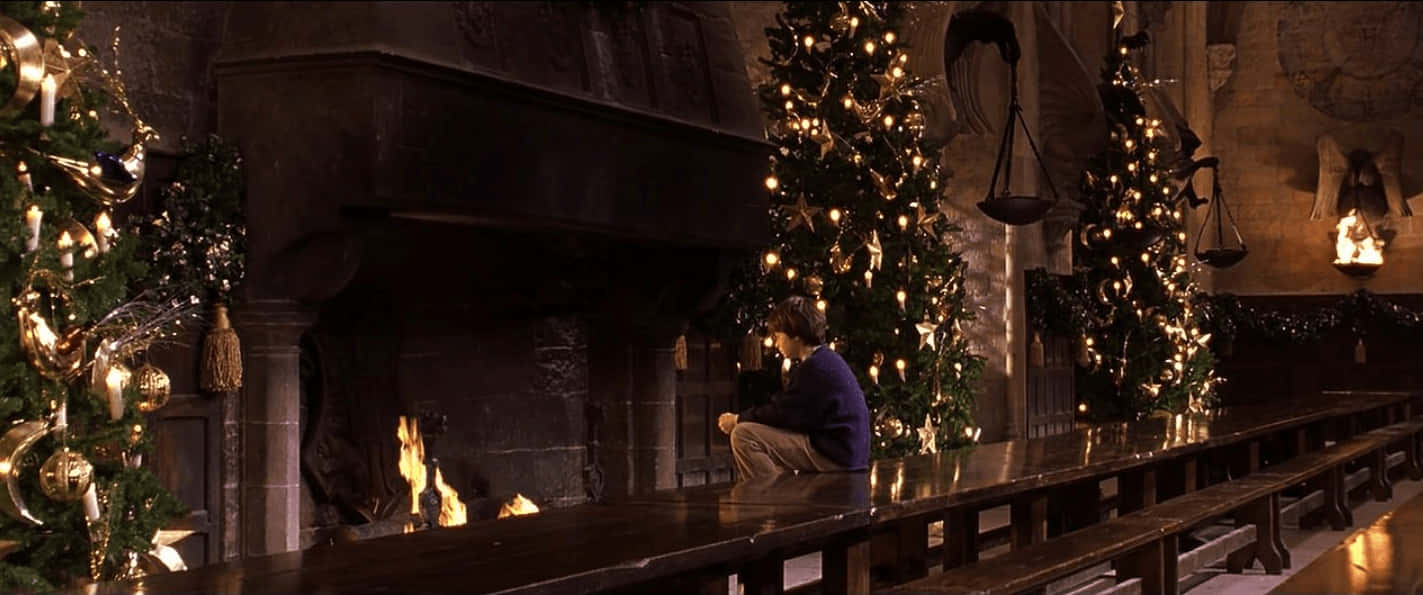 Harry Potter Christmas 桌布 壁紙 — 一個孤獨的身影坐在宏偉石廳的長木桌旁，周圍是掛滿金色燈飾和裝飾品的節日聖誕樹，壁爐裡溫暖的火焰噼啪作響。