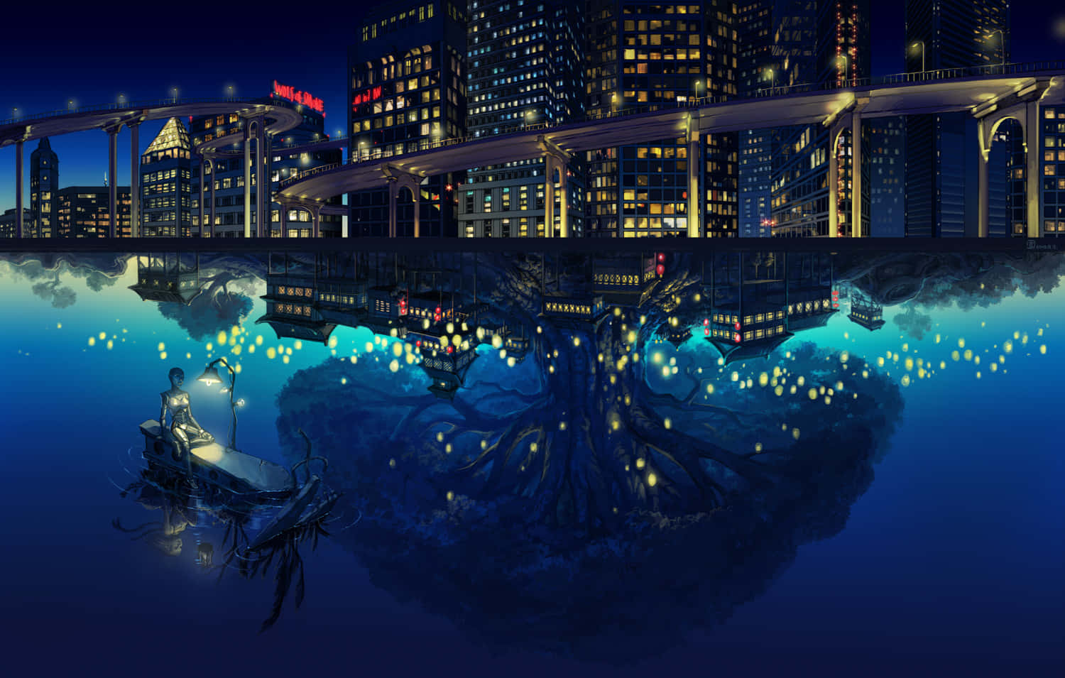 Anime Night City 桌布 壁紙 — 一個孤獨的身影坐在小船上，漂浮於水面，上方是倒映著溫暖燈光的城市天際線，背景是深藍色的夜空。