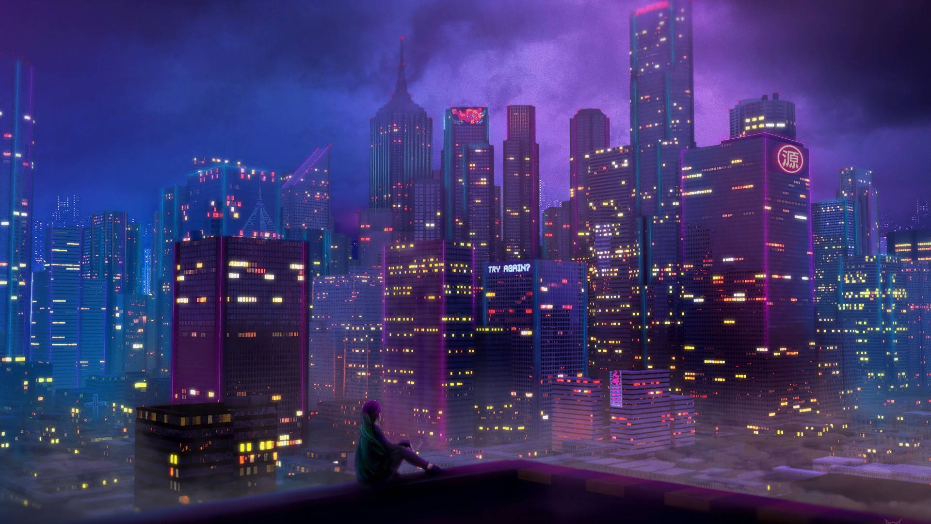 City Night 桌布 壁紙 — 一個孤獨的身影坐在屋頂上，俯瞰著紫色暮色天空下霓虹閃爍的賽博龐克城市景觀。