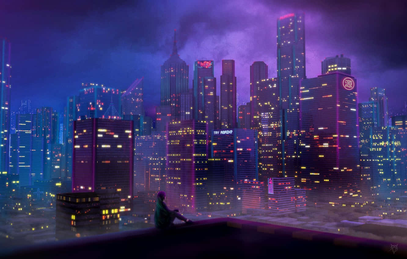Synthwave City 桌布 壁紙 — 一個孤獨的身影坐在屋頂上，俯瞰著紫色暮色天空下霓虹閃爍的未來城市景觀。