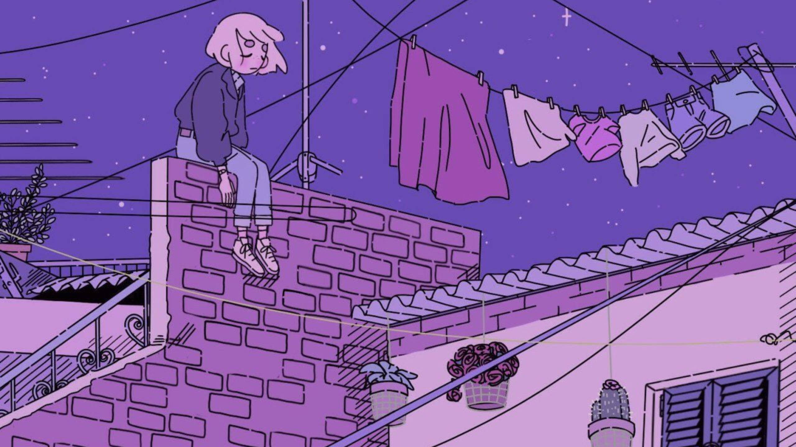 melancholy 桌布 壁紙 — 一個孤獨的身影坐在屋頂上，在繁星點點的紫色天空下，衣物掛在建築物之間，構成一個寧靜的城市夜景。