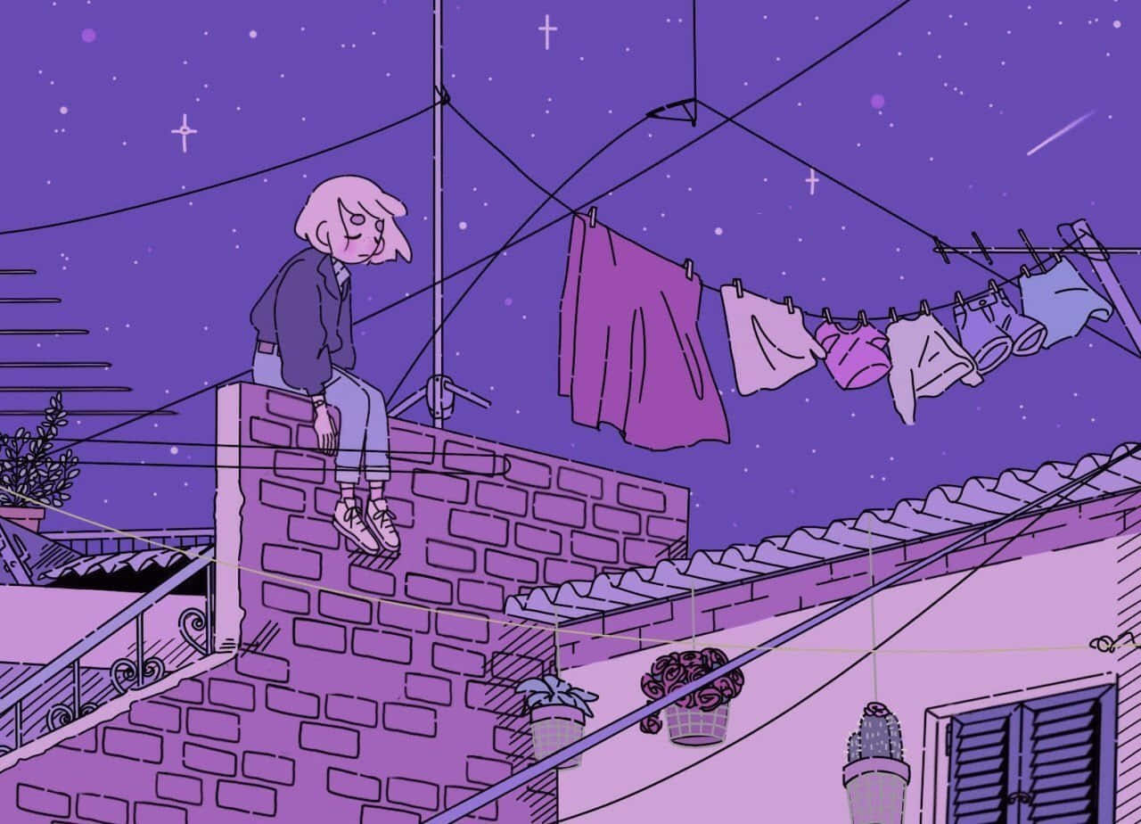 Lo Fi Aesthetic 桌布 壁紙 — 一個孤獨的身影坐在屋頂上，頭上是繁星點點的紫色天空，附近晾著衣物。