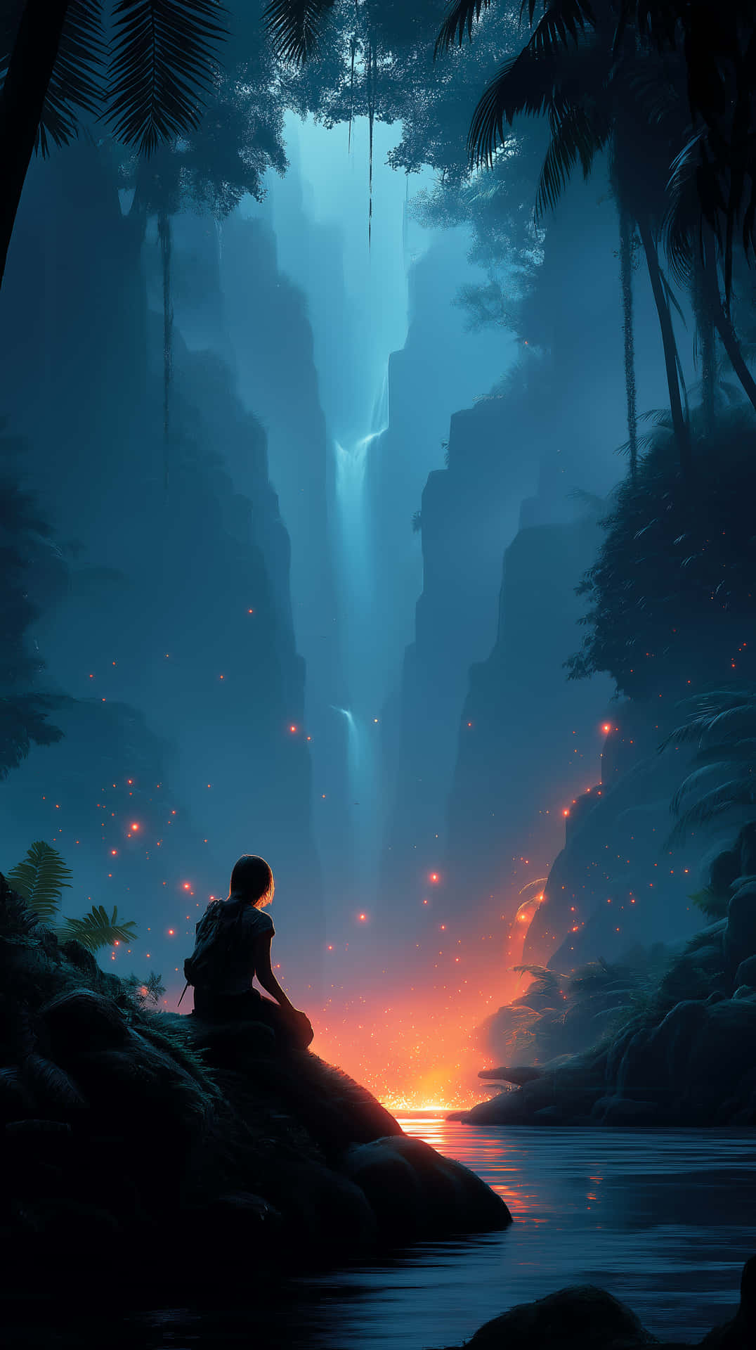 Lone Figure by Fiery Waters in a Mystical Gorge 壁紙 — 一個孤獨的身影坐在岩石上，凝視著一道發光的瀑布，流過迷霧藍色峽谷，周圍漂浮著火熱的橙色光芒。