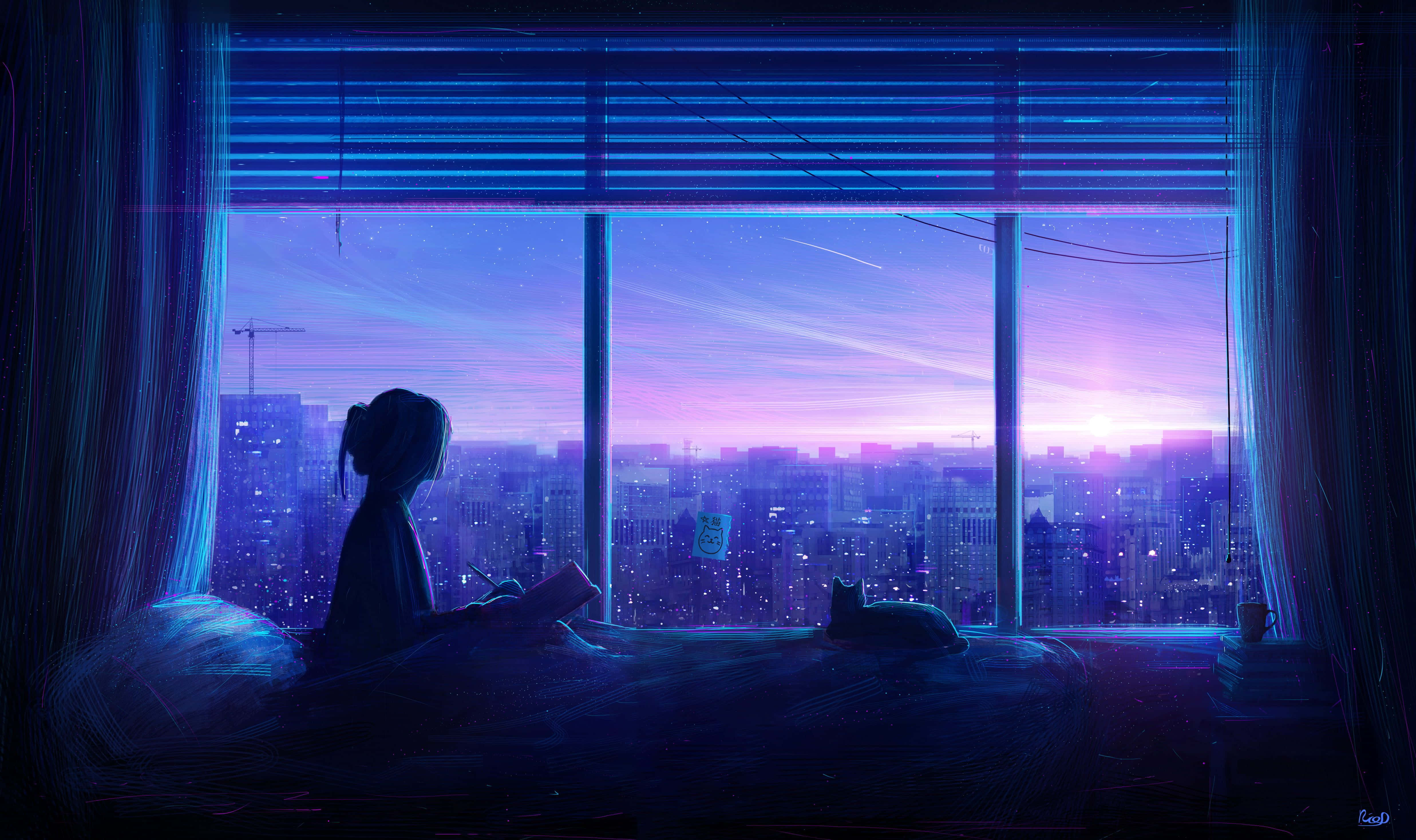 動漫女孩 桌布 壁紙 — 一個孤獨的身影坐在床上，凝視窗外暮色中閃耀著紫色和藍色的城市景觀。