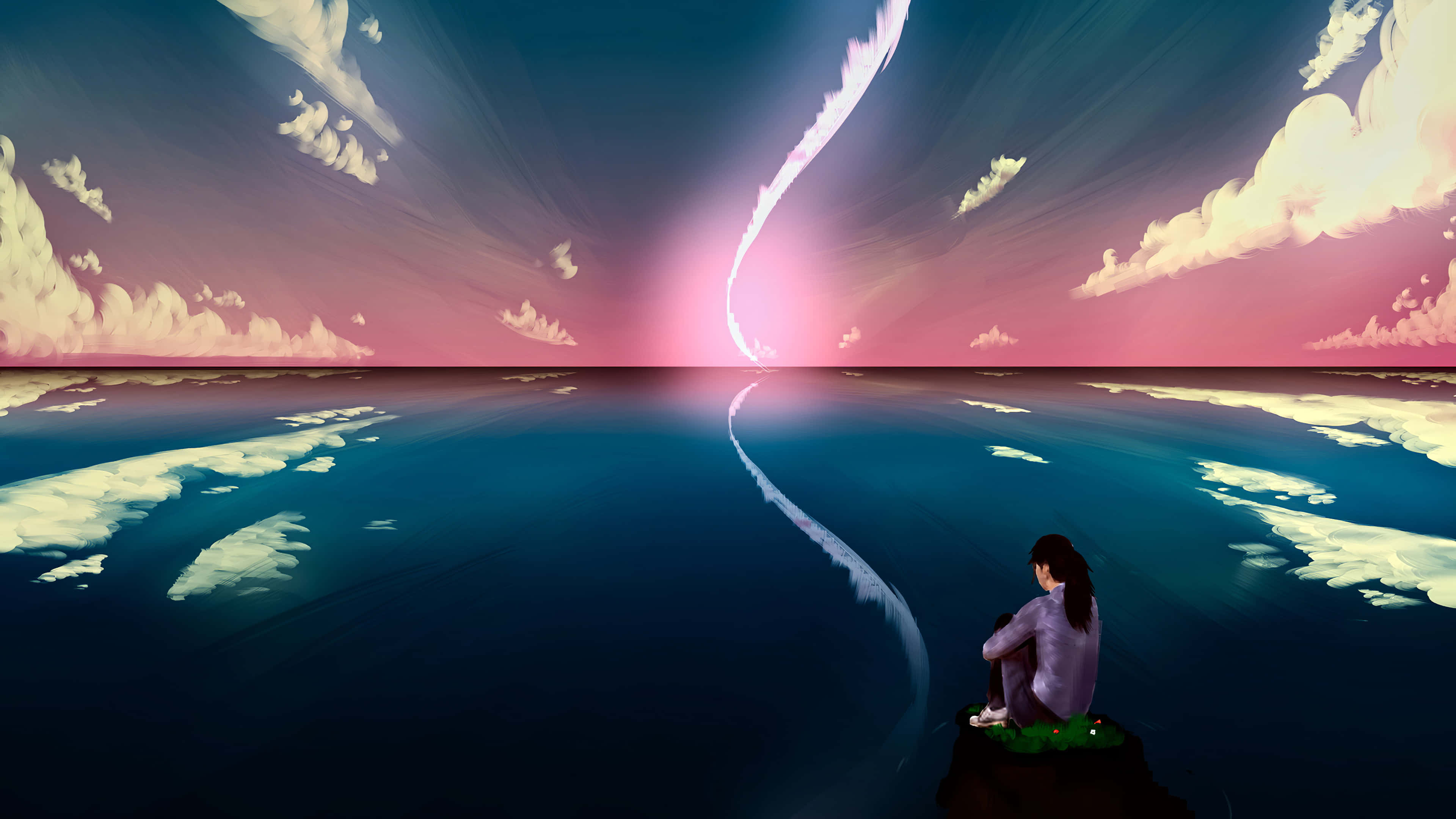 Woman 桌布 壁紙 — 一個孤獨的身影坐在懸崖邊，凝視著超現實的海洋，映照出充滿活力的粉紅色和藍色天空，以及一條發光的宇宙軌跡。