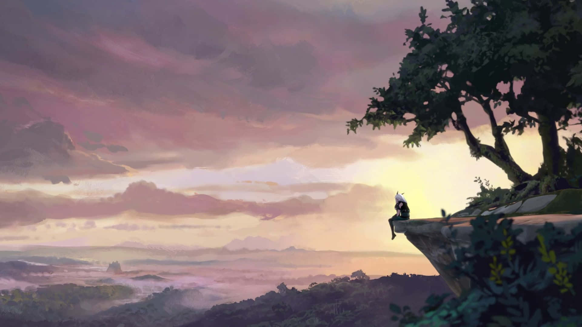 The Dragon Prince 桌布 壁紙 — 一個孤獨的身影坐在懸崖邊，在廣闊的紫色和金色天空下，俯瞰著黎明時分霧氣瀰漫的山谷。