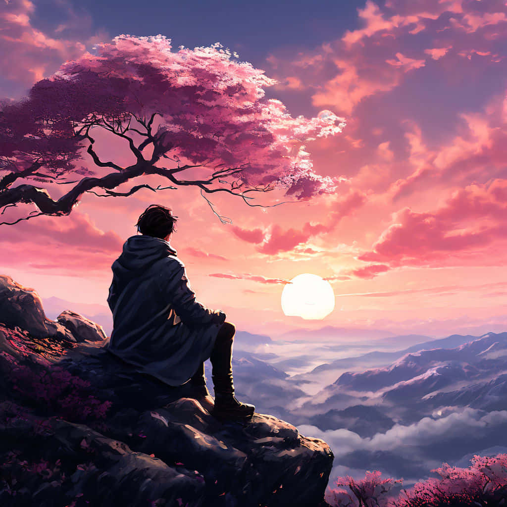 Sunset Serenity – Boy Under the Pink Blossom 壁紙 — 一個孤獨的身影坐在懸崖頂上，一棵鮮豔的粉紅色櫻花樹下，夕陽在霧氣繚繞的山巒中落下。