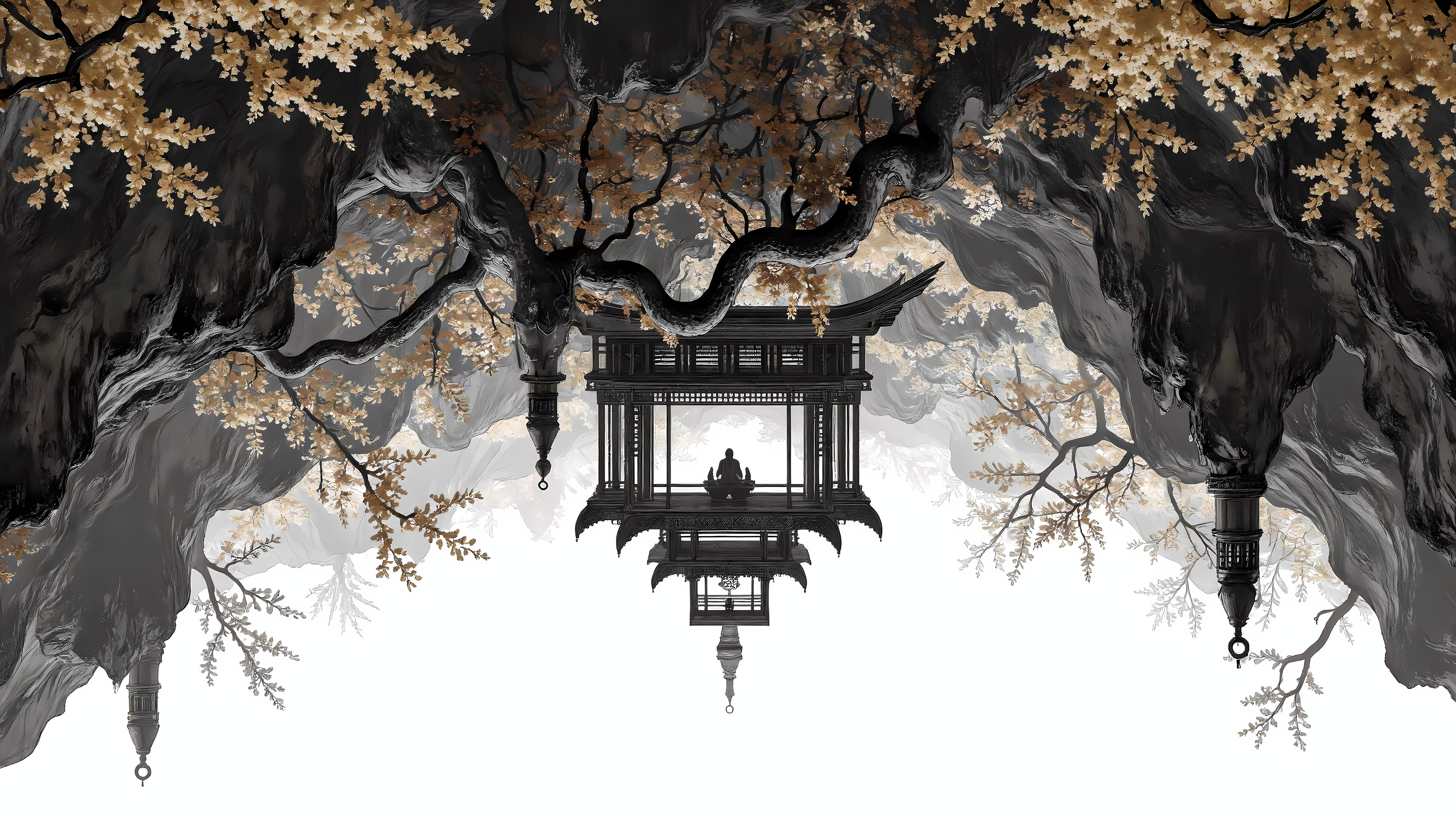 monk 桌布 壁紙 — 一個孤獨的身影坐在懸掛的傳統亭子內沉思，周圍是層疊的金色櫻花，背景是霧濛濛的單色懸崖。
