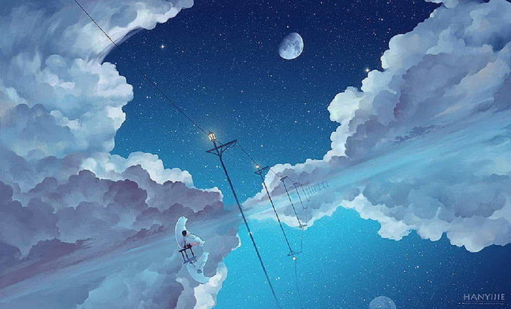 桌布 壁紙 — 一個孤獨的身影坐在懸浮於雲層之間的椅子上，下方是繁星點點的夜空，伴隨著一彎新月和發光的街燈。
