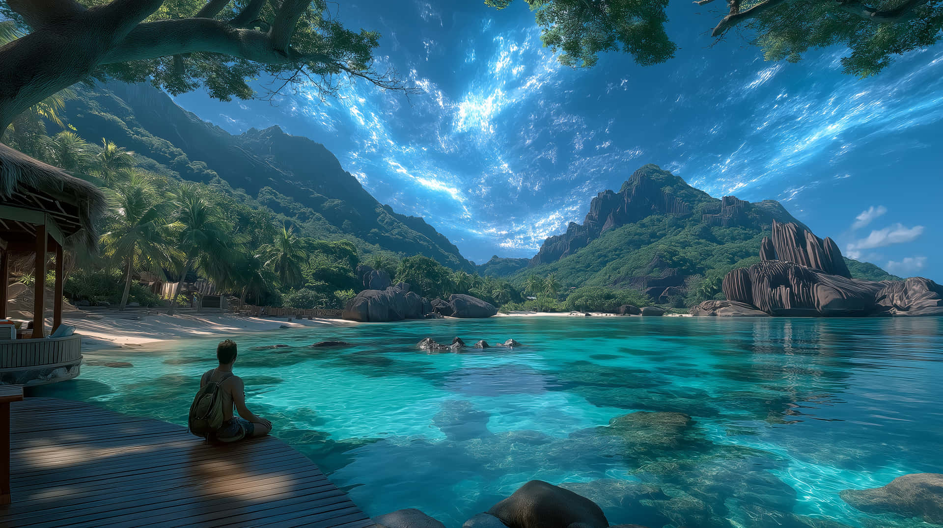 Solo Traveler Meditating on Dock in Tropical Paradise 壁紙 — 一個孤獨的身影坐在木碼頭上，俯瞰著晶瑩剔透的碧綠海水，有游泳者和鬱鬱蔥蔥的綠色山脈，在充滿活力的藍天下。
