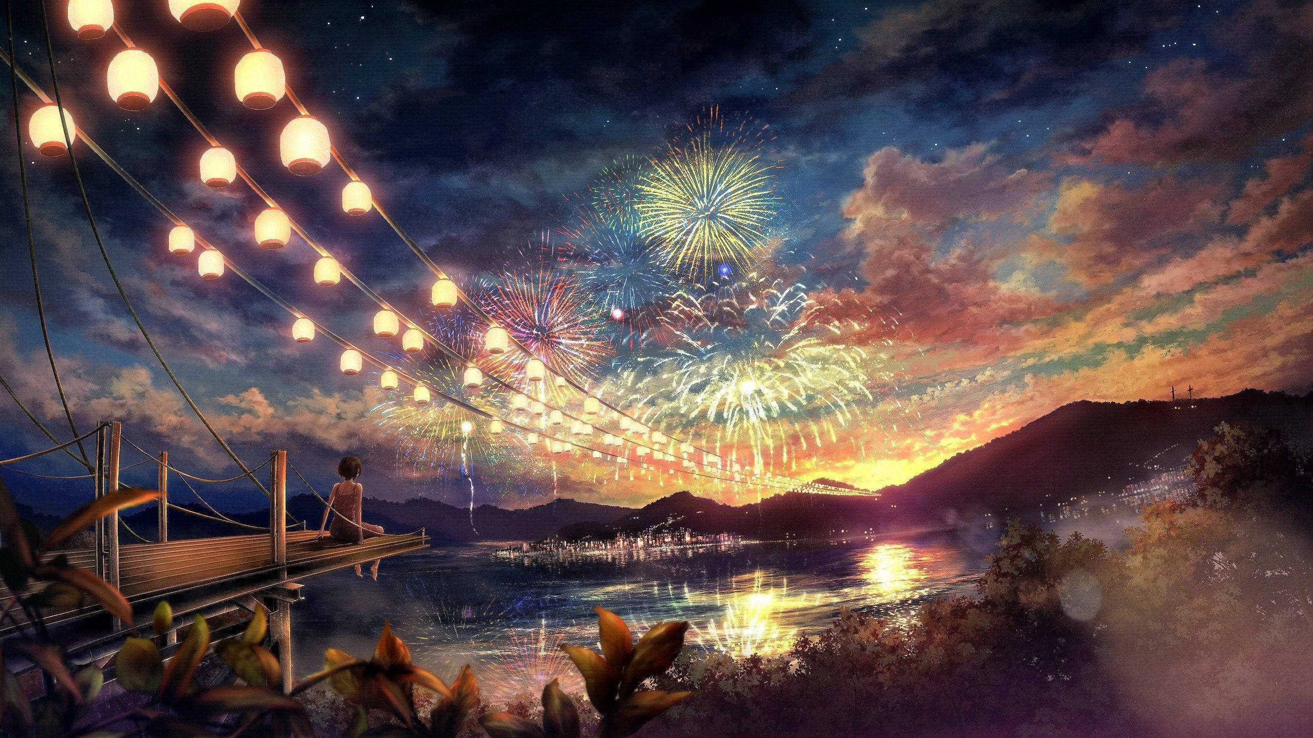 Anime Scenery 4K 桌布 壁紙 — 一個孤獨的身影坐在木製碼頭上，發光的燈籠下，燦爛的煙火在繁星點點的暮色湖面上綻放。