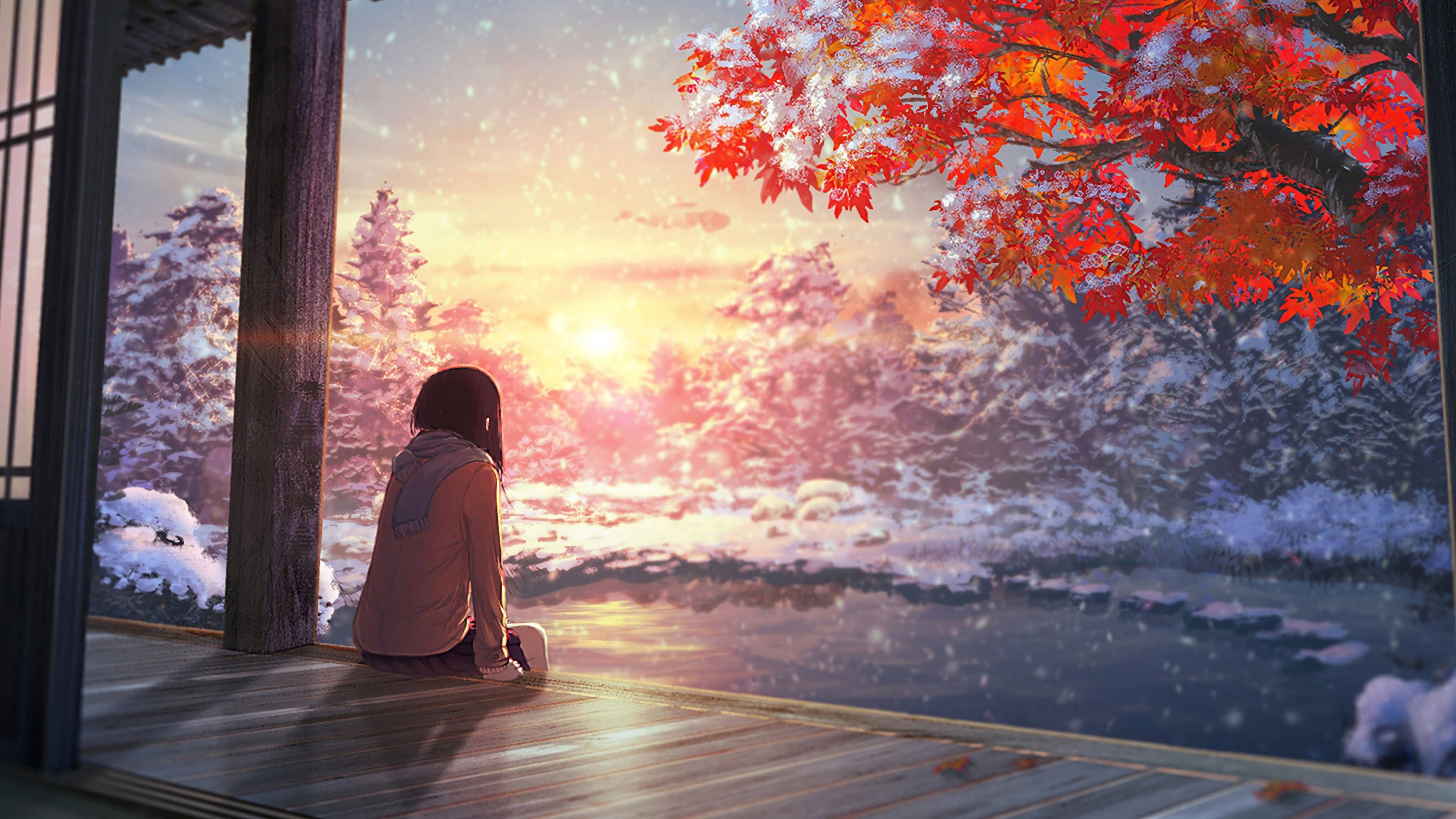 動漫 4K 桌布 壁紙 — 一個孤獨的身影坐在木製門廊上，一棵鮮紅的楓樹下，雪花飄落在寧靜的冬季日落景觀中。