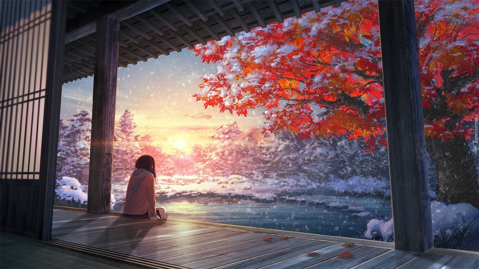 美學藝術 桌布 壁紙 — 一個孤獨的身影坐在木製門廊上，看著夕陽下雪花飄落在鮮紅的楓樹和結冰的湖面上。