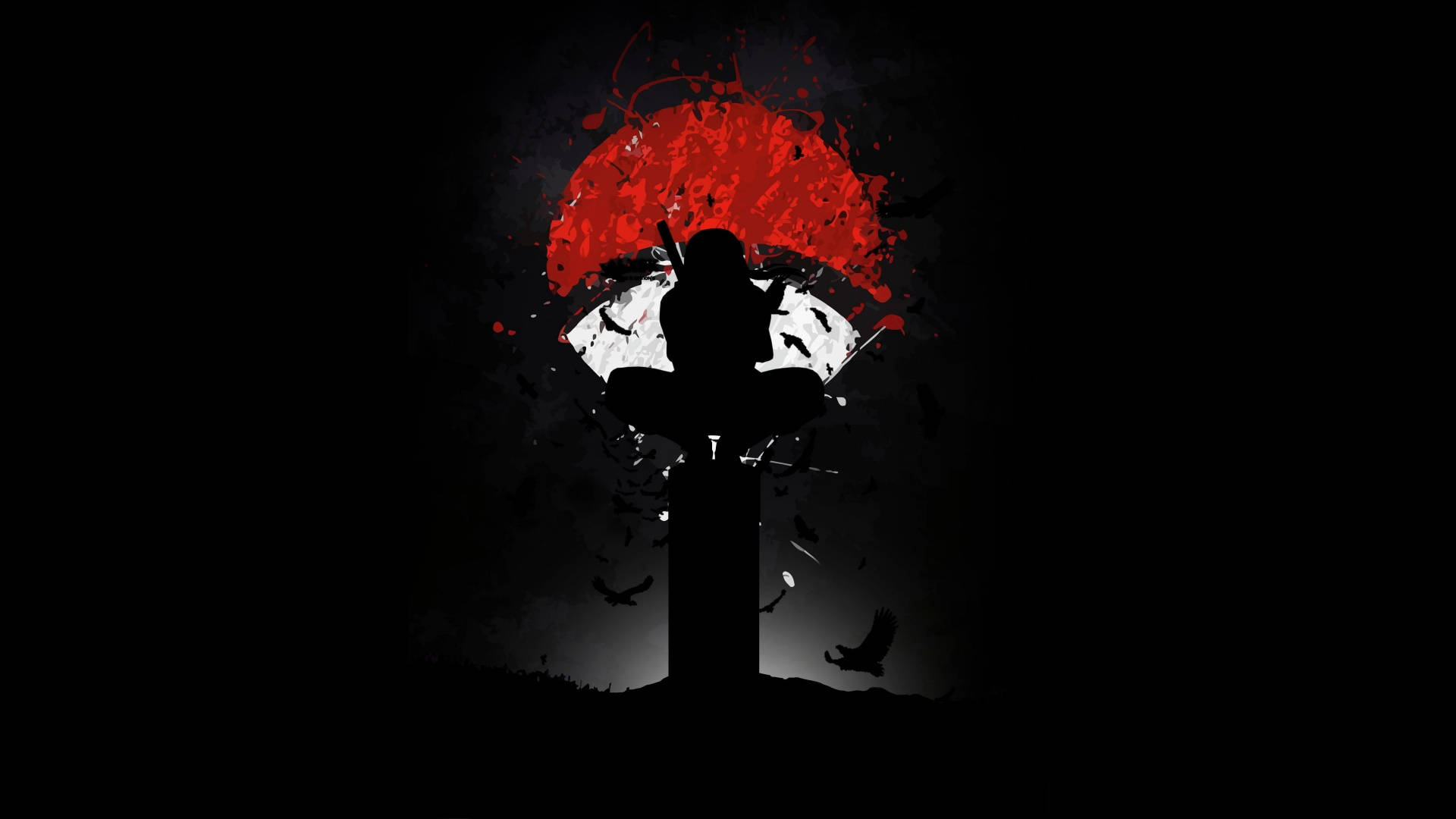 Uchiha 桌布 壁紙 — 一個孤獨的身影坐在柱子上，下方是濺開的紅色月亮，鳥兒在黑暗的背景中飛翔。