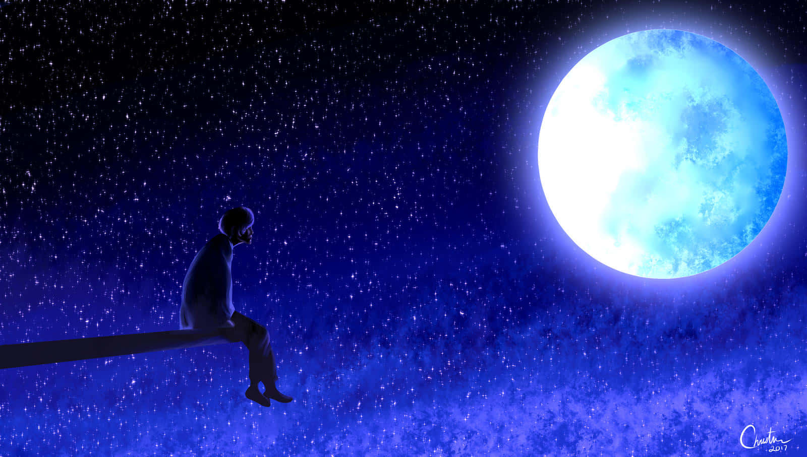 Night Sky Moon 桌布 壁紙 — 一個孤獨的身影坐在橫樑上，沉思著，背景是繁星點點的夜空，上方懸掛著一輪巨大的發光藍月。